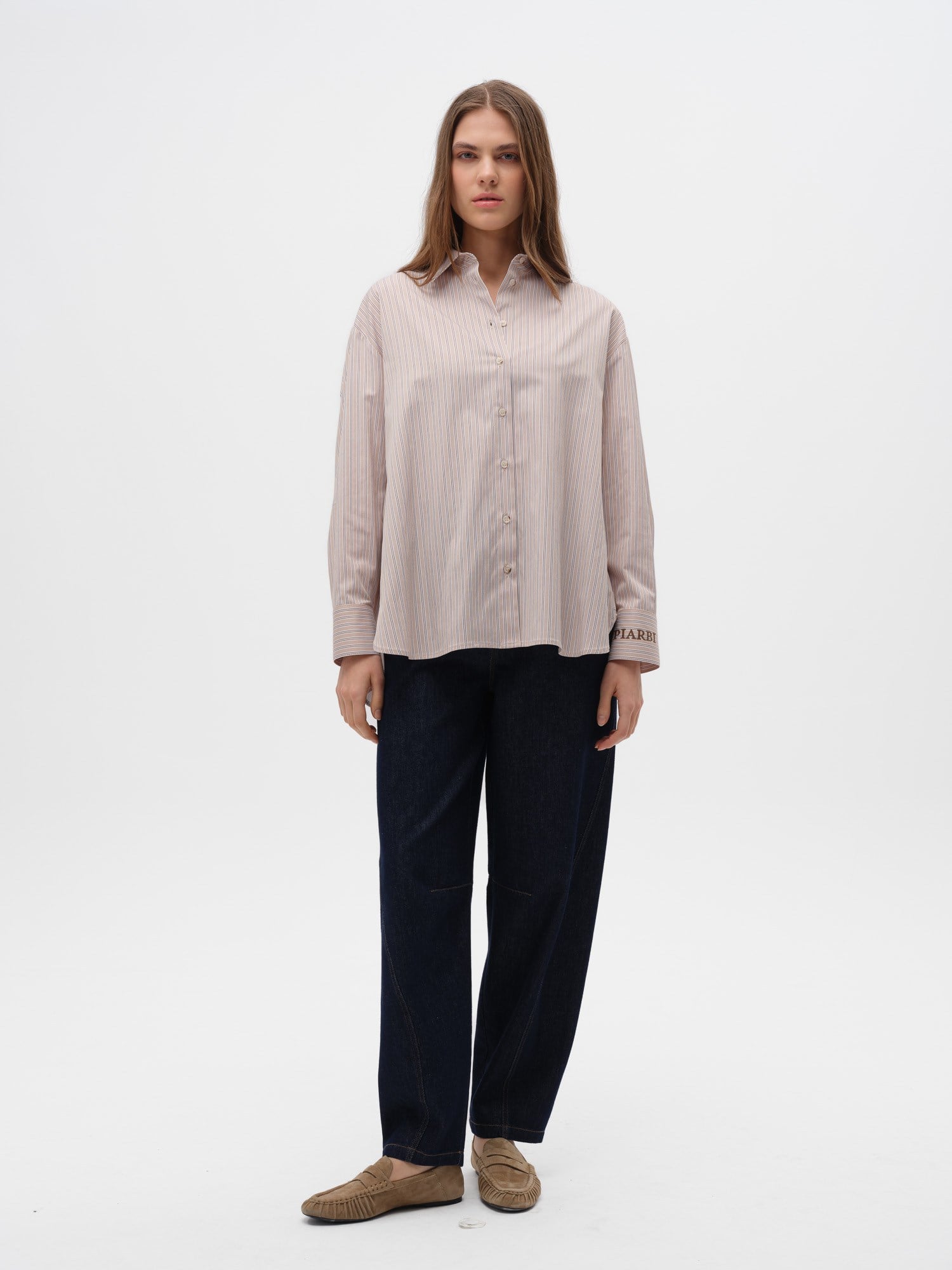 Piarbi Yan Düğme Detaylı Relaxed Fit Çizgili Gömlek - Bej Beyaz Premium Cotton Blend Oversize Shirt