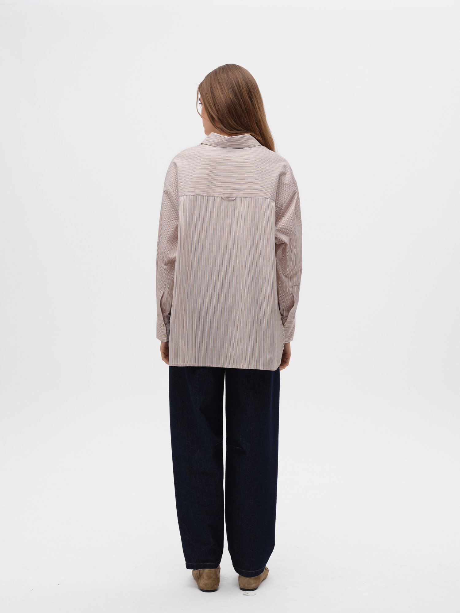 Piarbi Yan Düğme Detaylı Relaxed Fit Çizgili Gömlek - Bej Beyaz Premium Cotton Blend Oversize Shirt