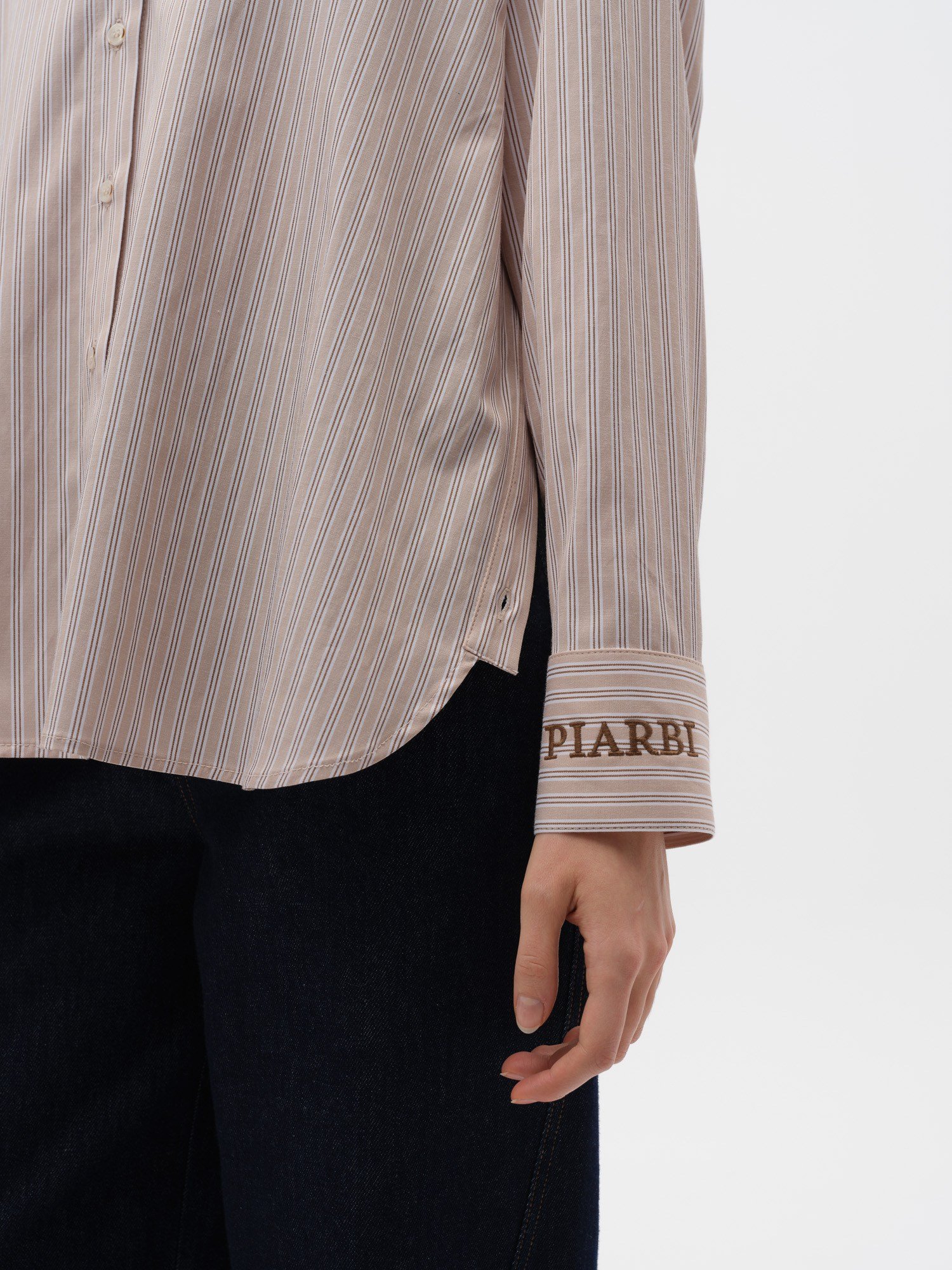 Piarbi Yan Düğme Detaylı Relaxed Fit Çizgili Gömlek - Bej Beyaz Premium Cotton Blend Oversize Shirt