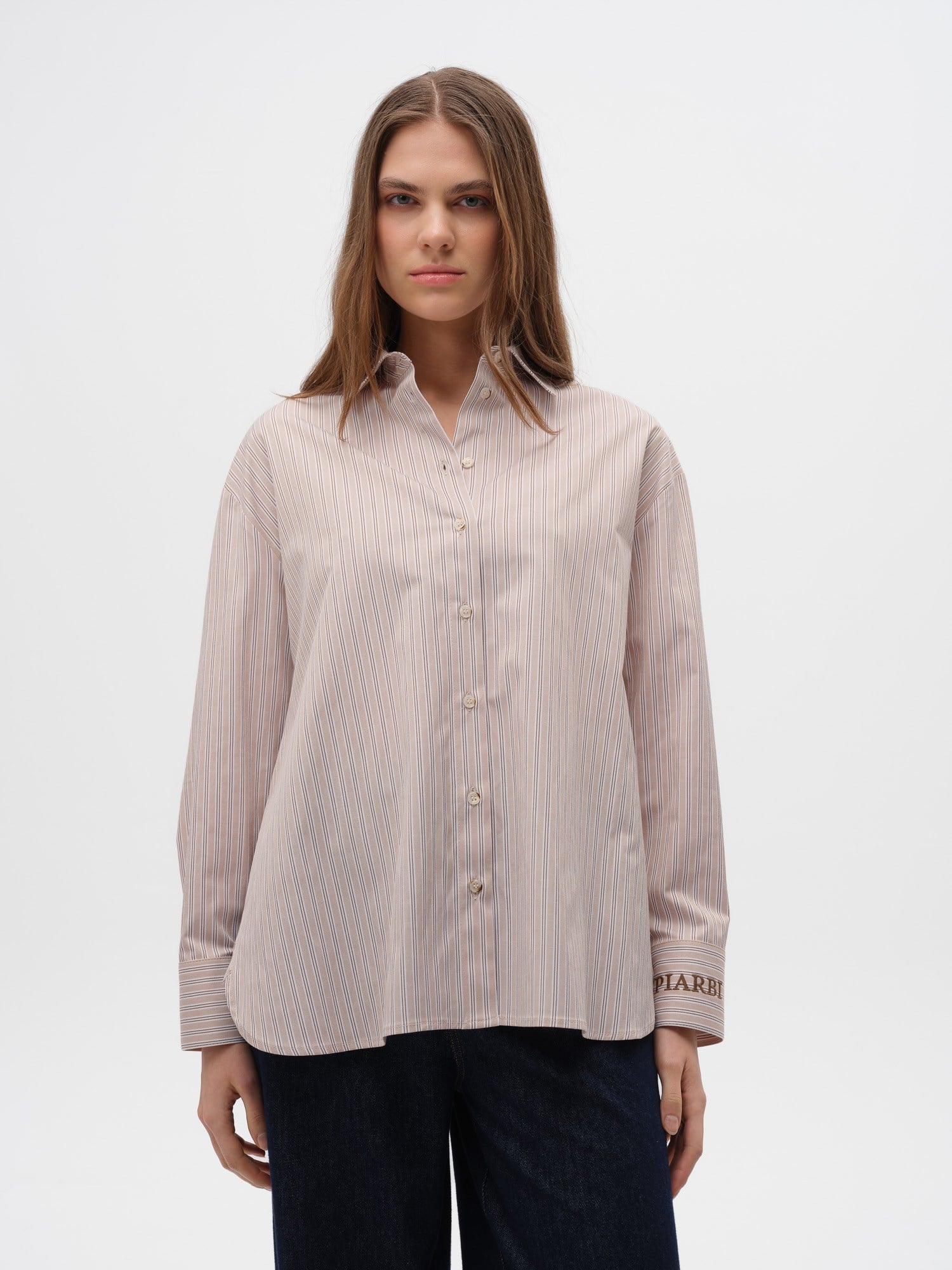 Piarbi Yan Düğme Detaylı Relaxed Fit Çizgili Gömlek - Bej Beyaz Premium Cotton Blend Oversize Shirt