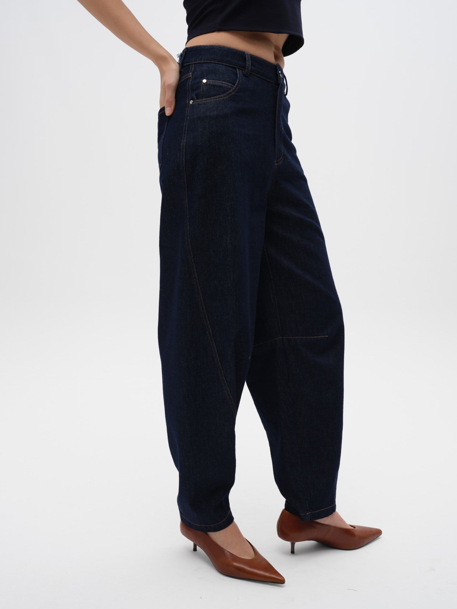 Piarbi Yüksek Bel Baggy Denim Pantolon - Lacivert %100 Pamuk Jean Tasarım