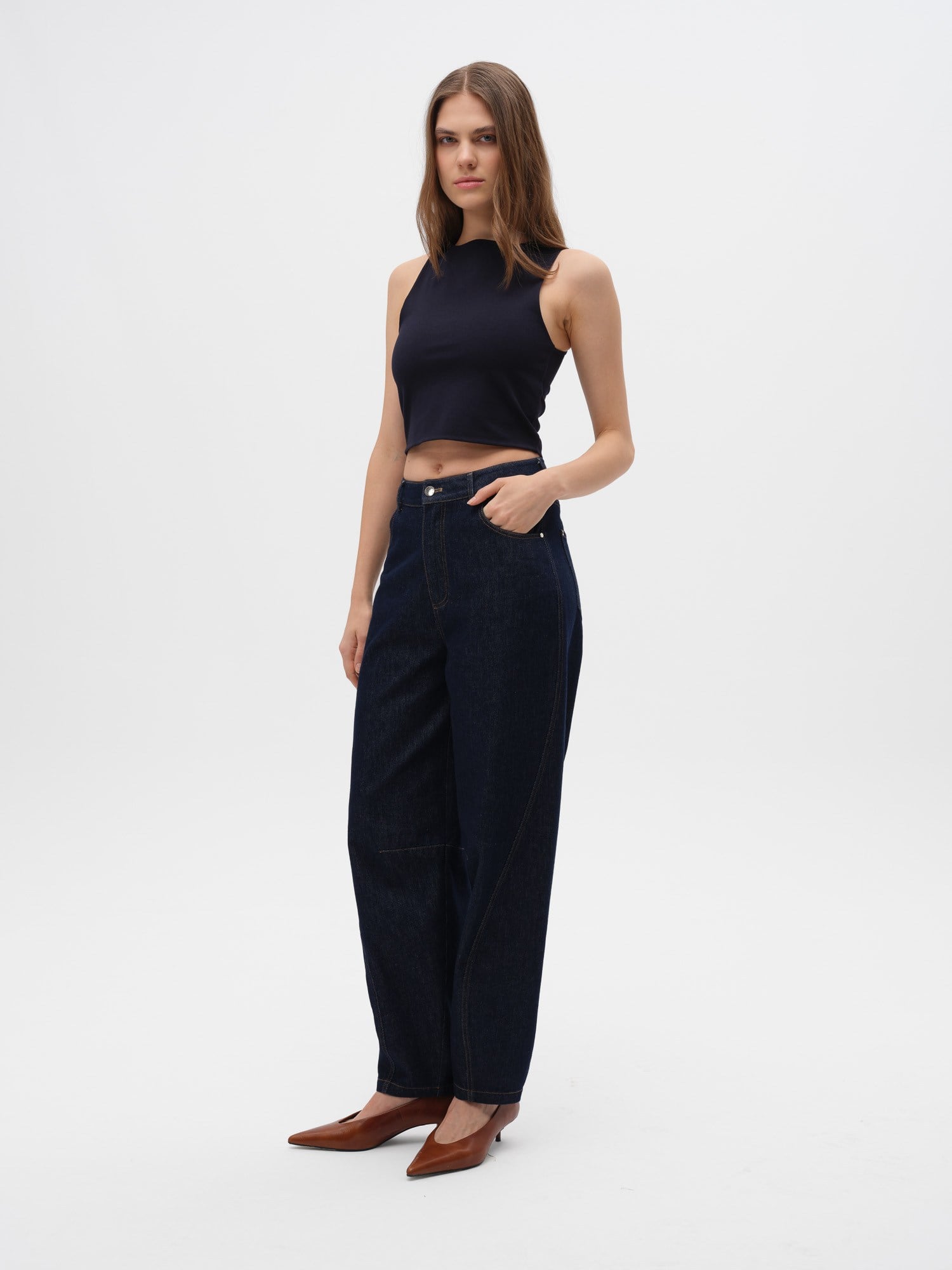 Piarbi Yüksek Bel Baggy Denim Pantolon - Lacivert %100 Pamuk Jean Tasarım