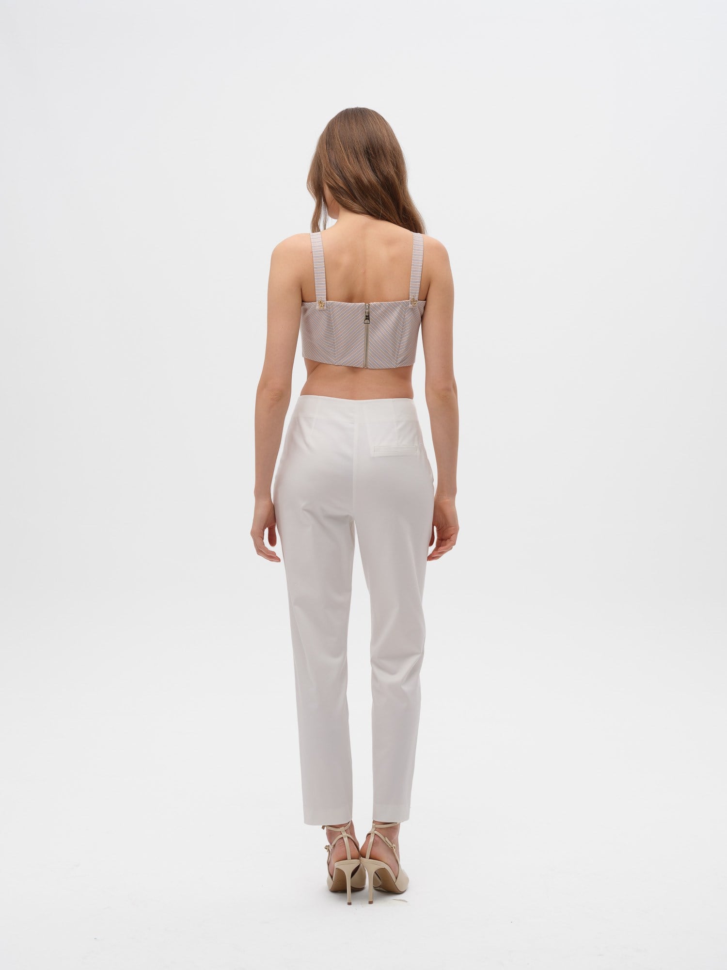 Piarbi Yüksek Bel Pens Detaylı Slim Pantolon - Off White Pamuk & Modal Karışımlı Premium Tasarım
