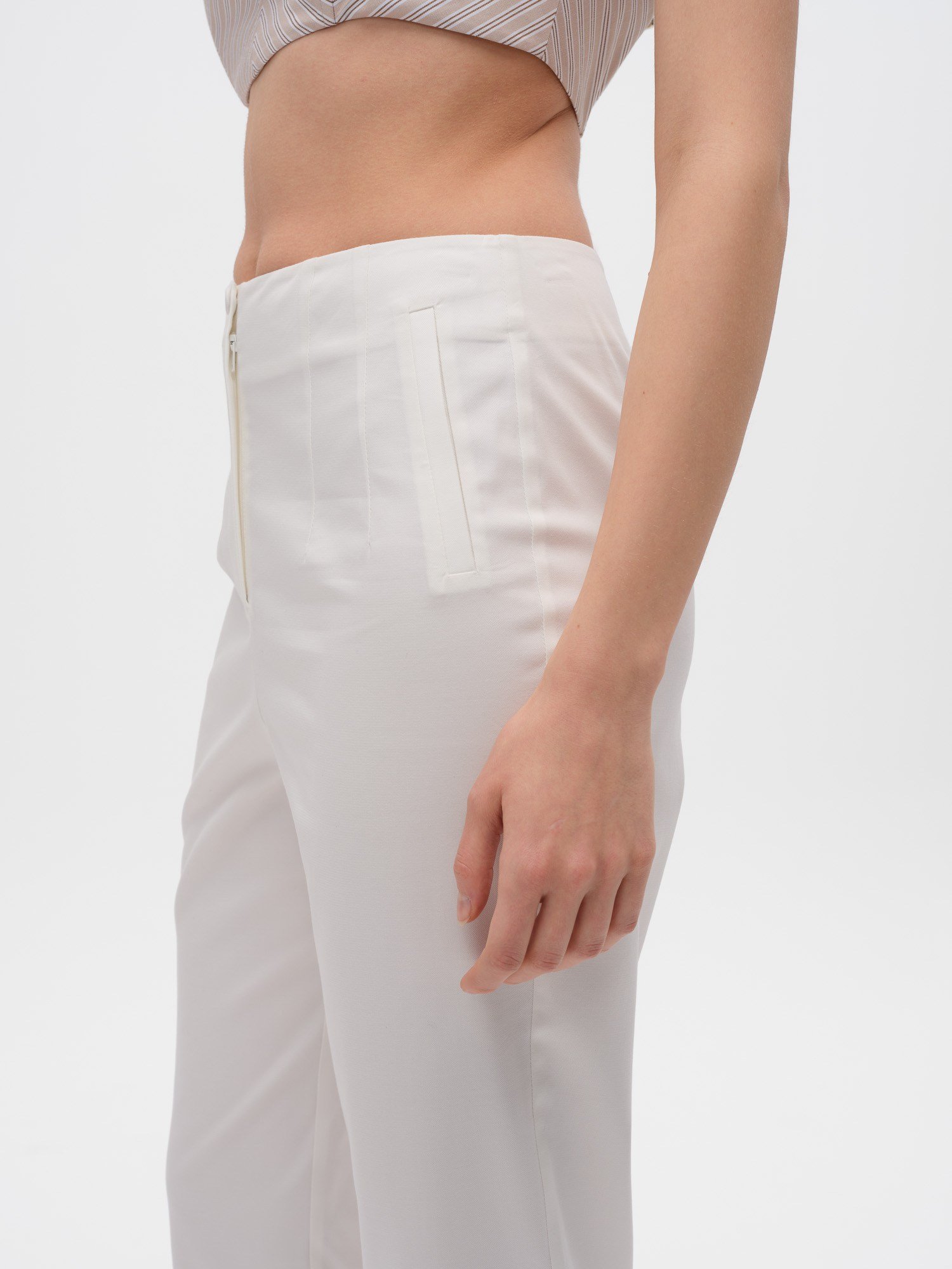 Piarbi Yüksek Bel Pens Detaylı Slim Pantolon - Off White Pamuk & Modal Karışımlı Premium Tasarım