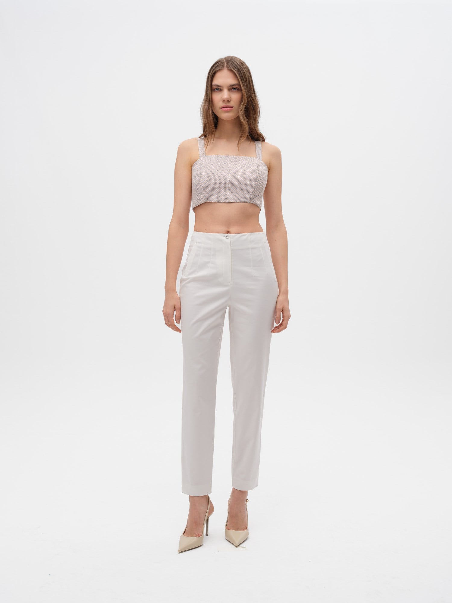 Piarbi Yüksek Bel Pens Detaylı Slim Pantolon - Off White Pamuk & Modal Karışımlı Premium Tasarım