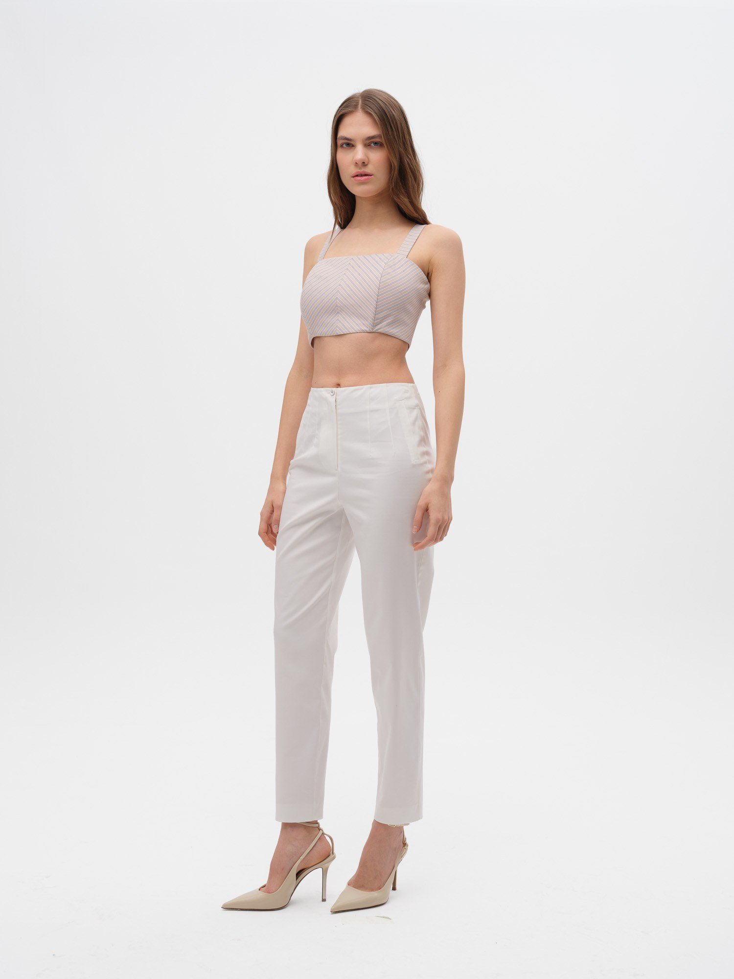 Piarbi Yüksek Bel Pens Detaylı Slim Pantolon - Off White Pamuk & Modal Karışımlı Premium Tasarım