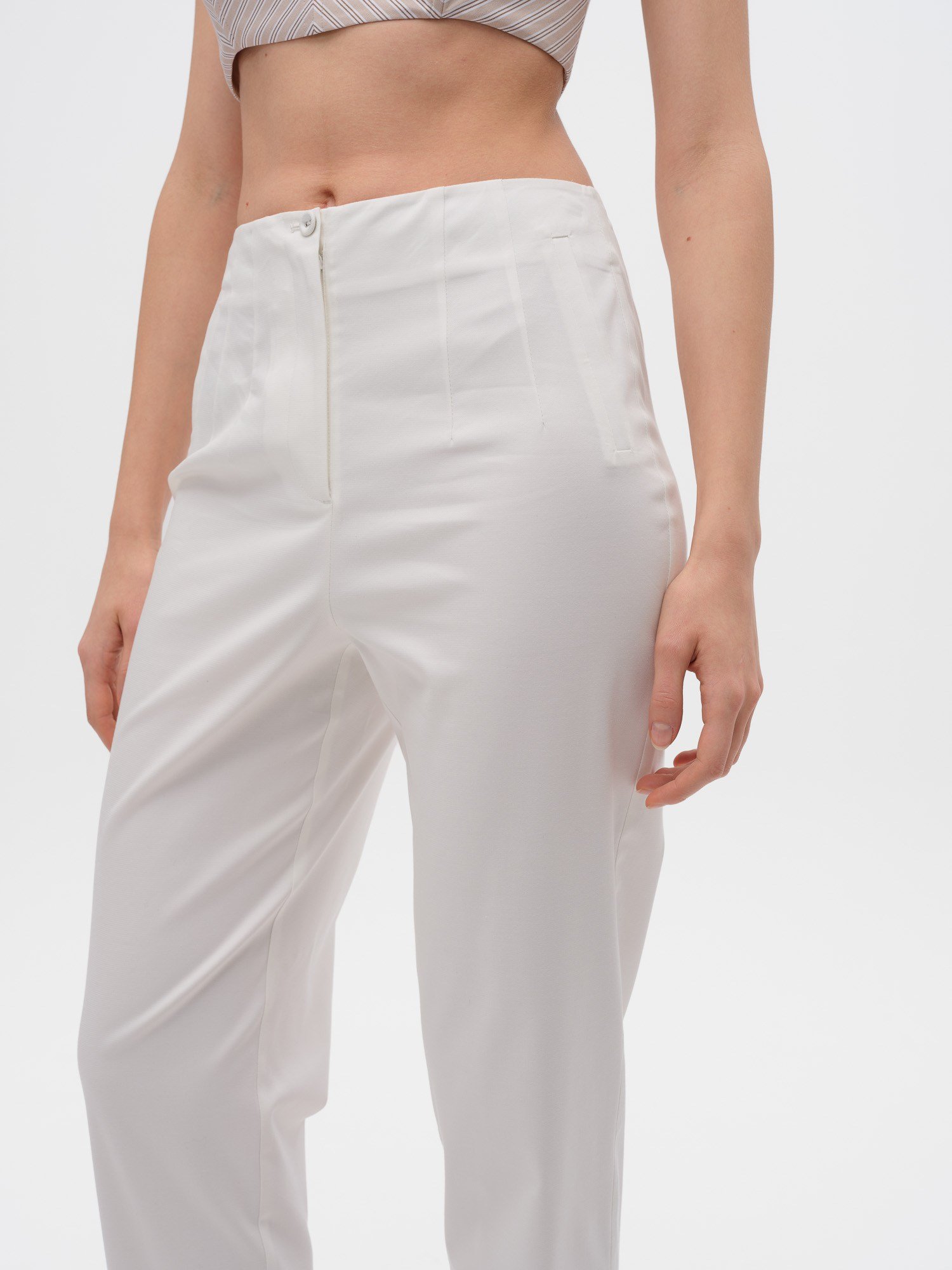 Piarbi Yüksek Bel Pens Detaylı Slim Pantolon - Off White Pamuk & Modal Karışımlı Premium Tasarım