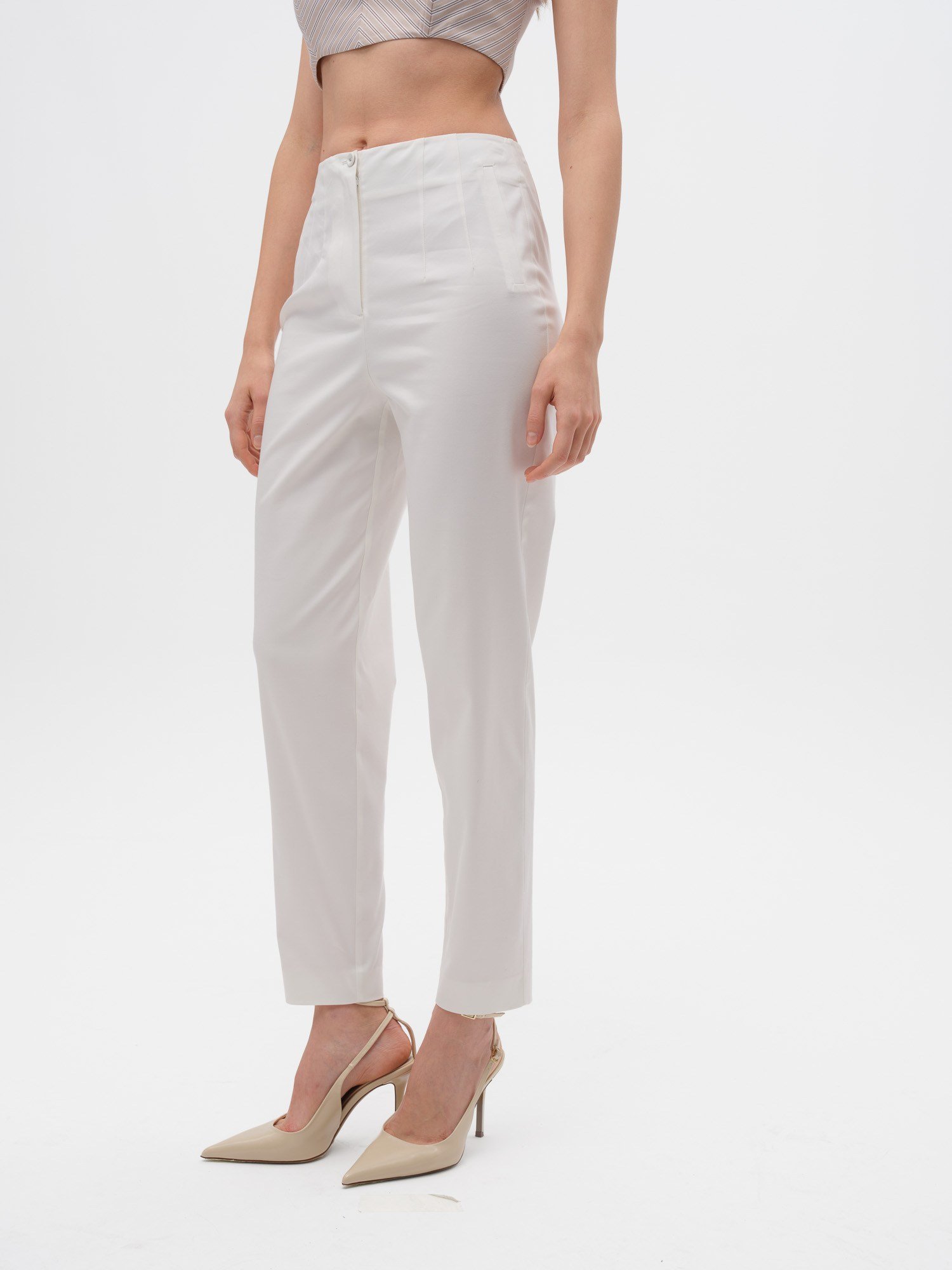 Piarbi Yüksek Bel Pens Detaylı Slim Pantolon - Off White Pamuk & Modal Karışımlı Premium Tasarım