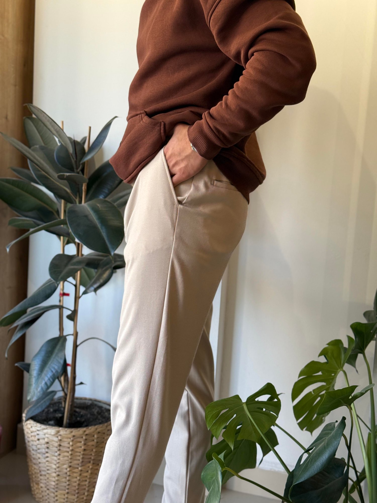 BEJ BELİ LASTİKLİ İPLİ PANTOLON 