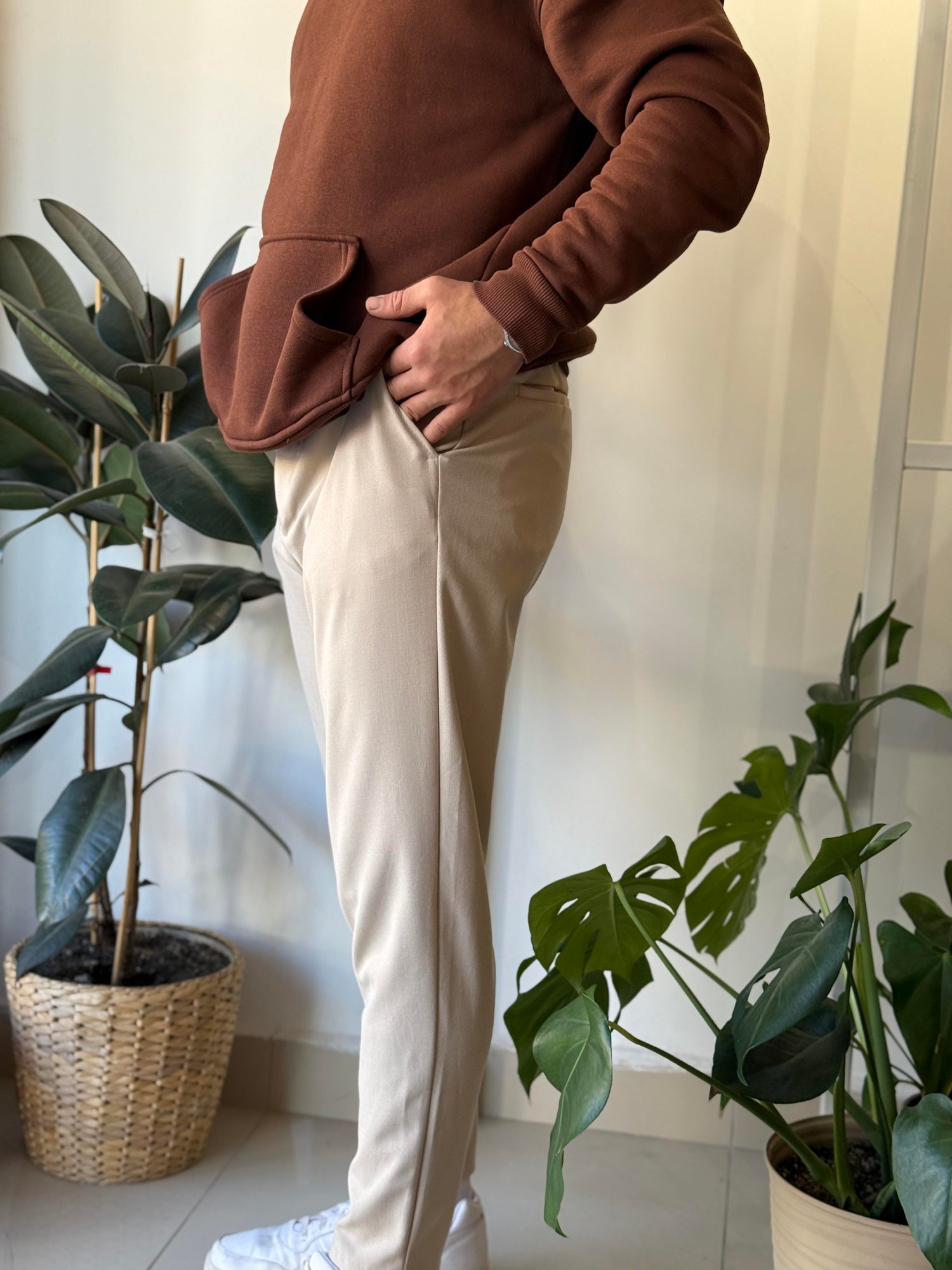 BEJ BELİ LASTİKLİ İPLİ PANTOLON 