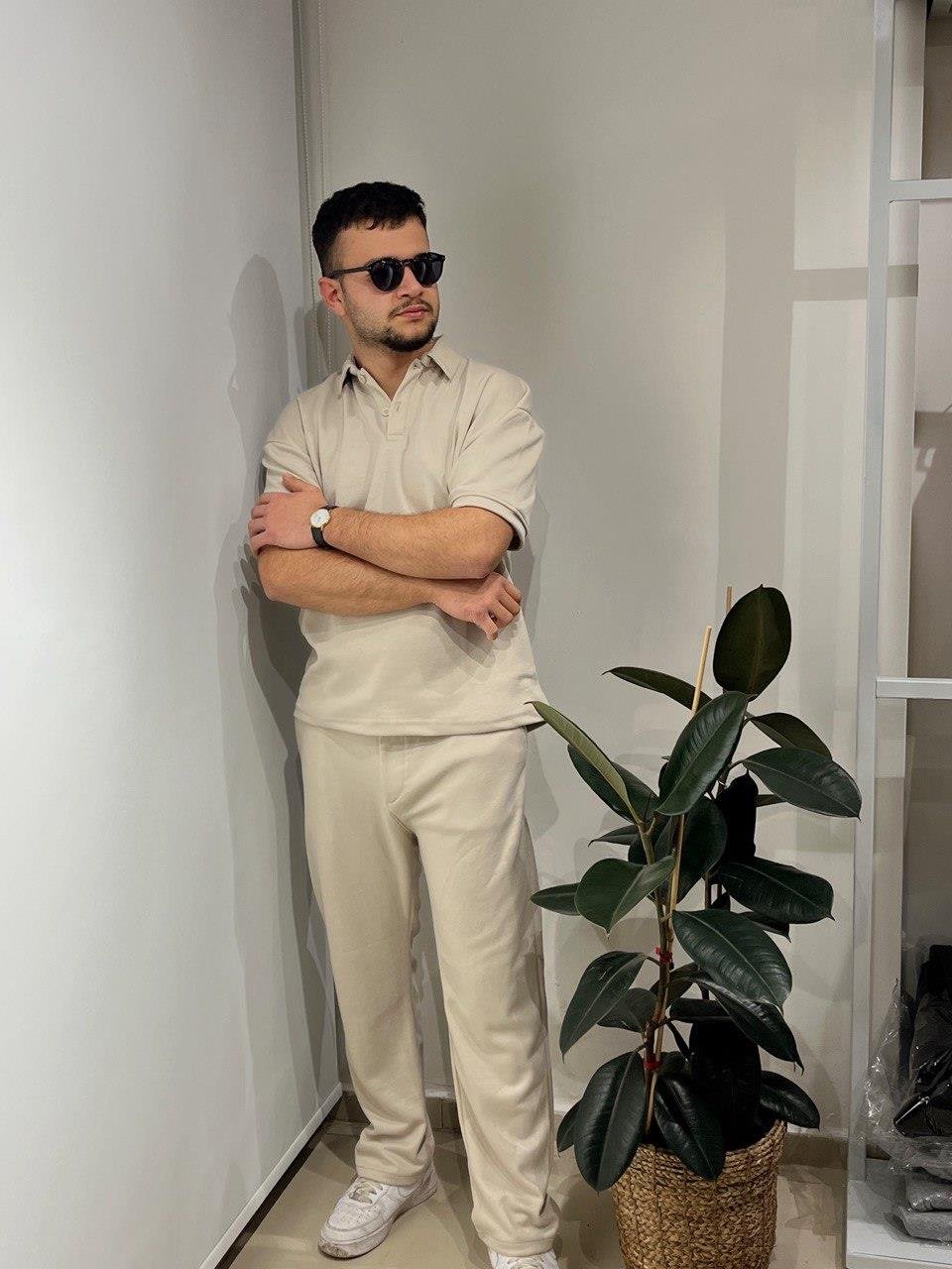 BEJ LİKRALI POLO YAKA TİŞÖRT PANTOLON TAKIM 