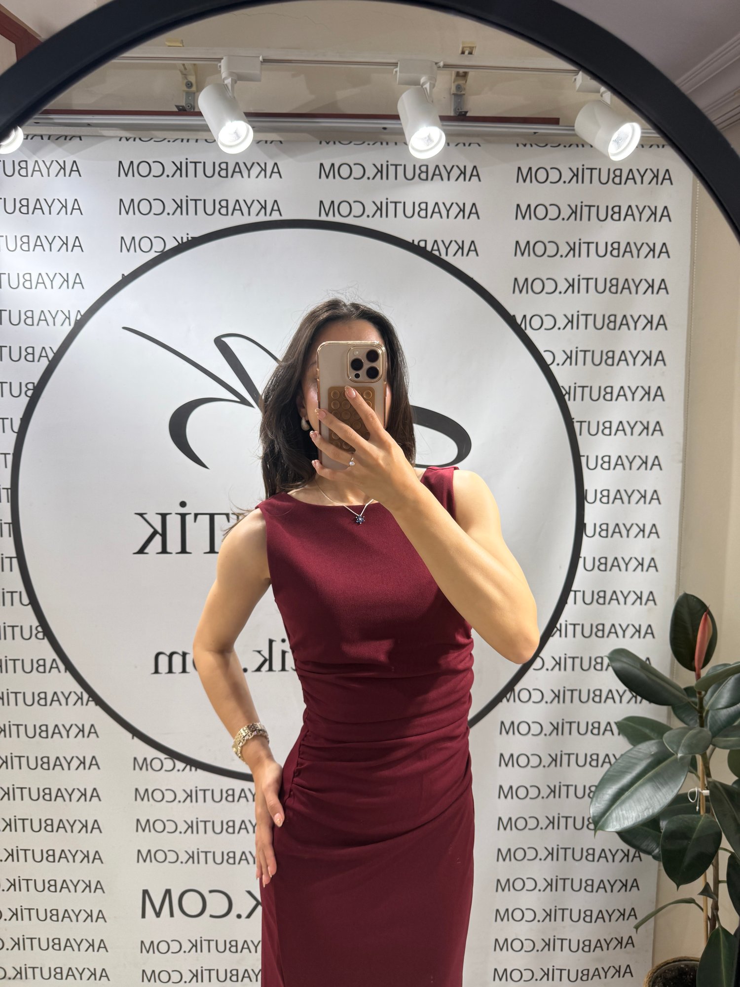 Bordo Drape Detaylı Yırtmaçlı Elbise 