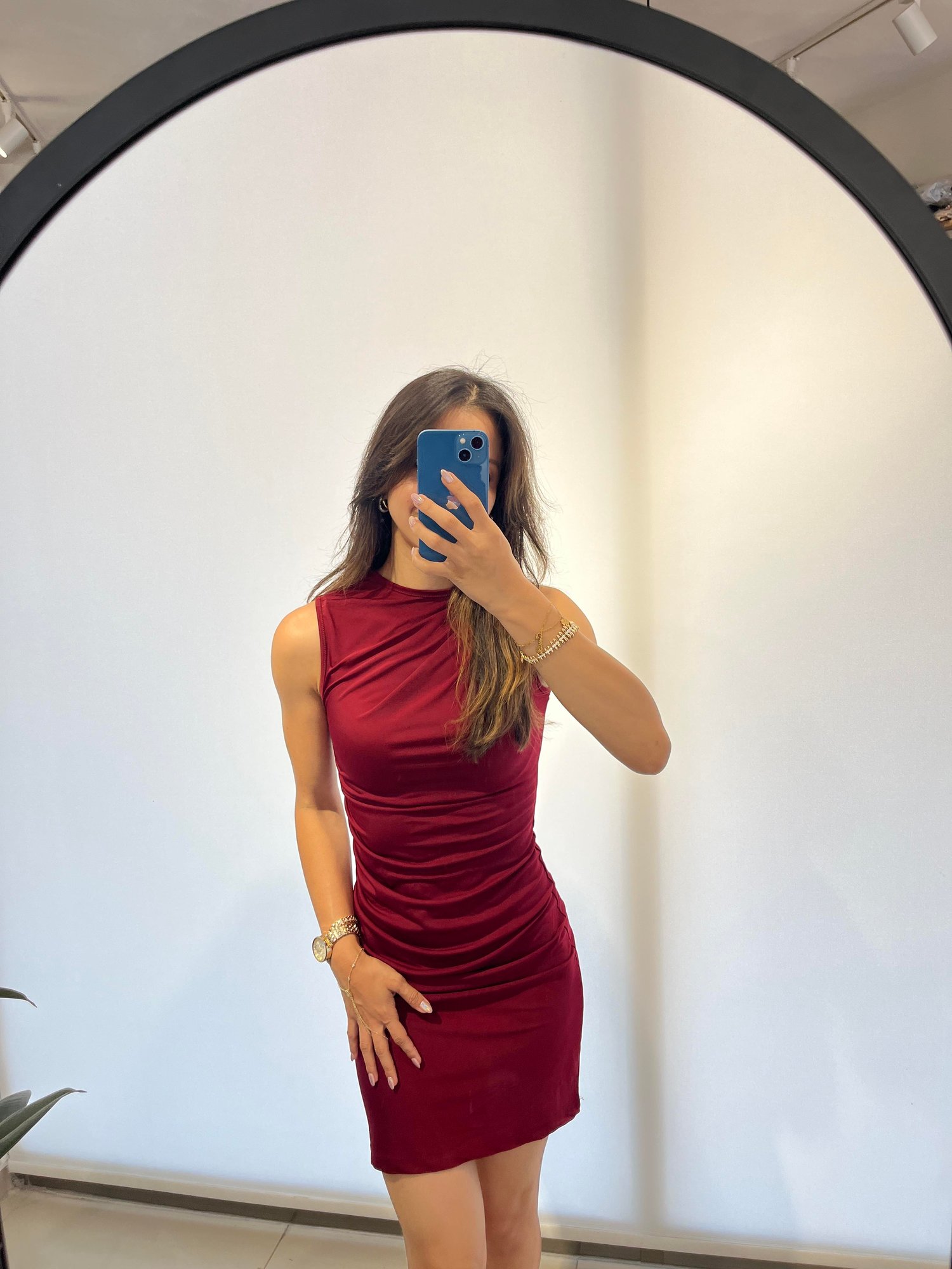 BORDO DRAPELİ SANDY KUMAŞ MİNİ ELBİSE