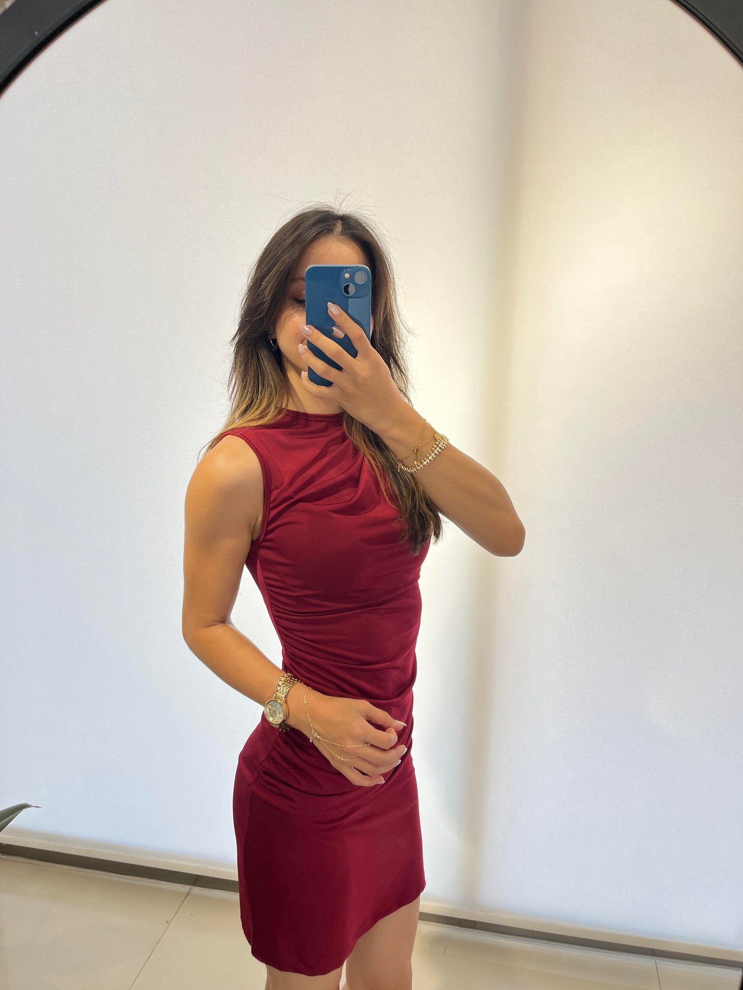 BORDO DRAPELİ SANDY KUMAŞ MİNİ ELBİSE