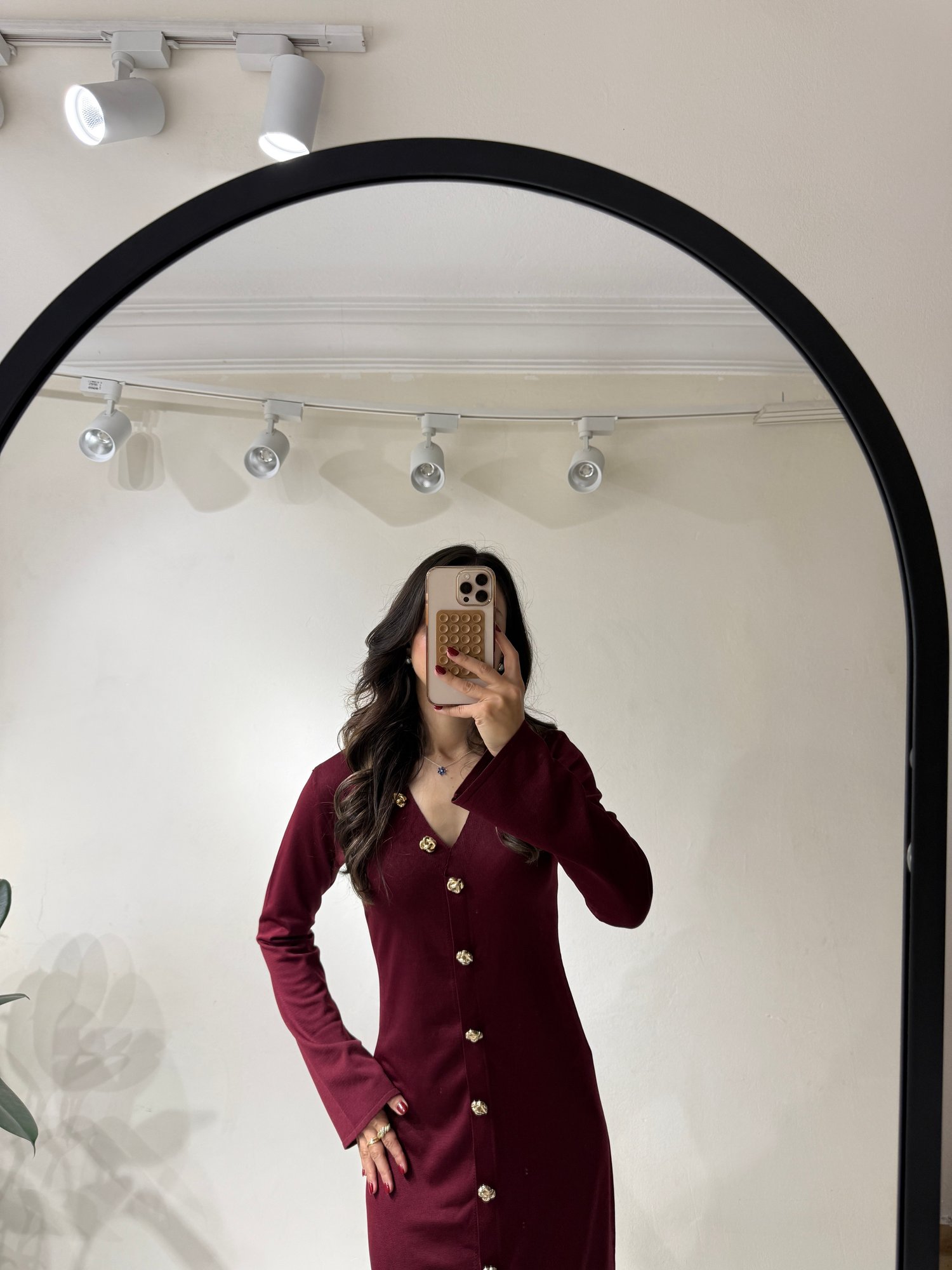 Bordo Gold Detaylı Elbise 