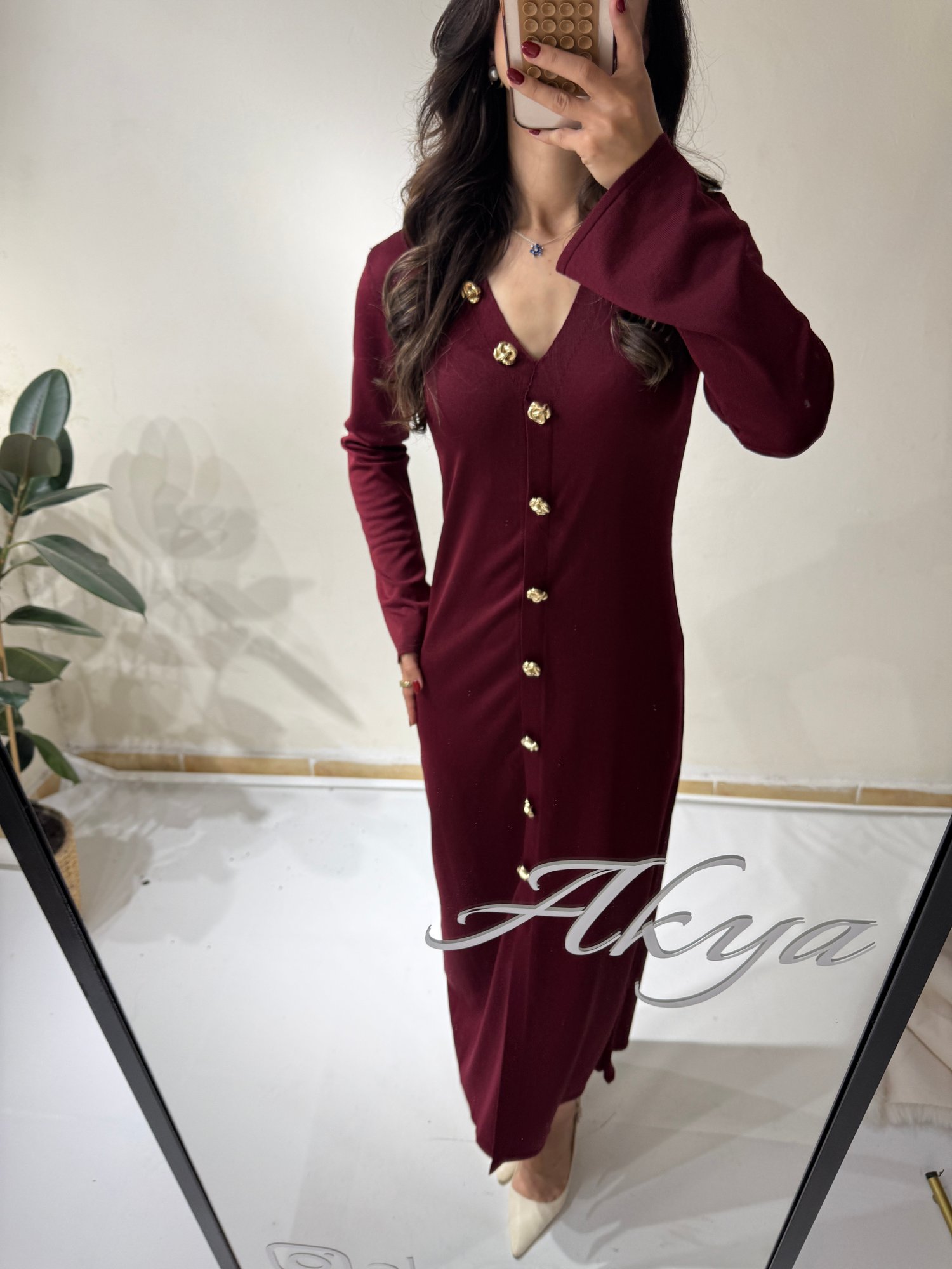 Bordo Gold Detaylı Elbise 