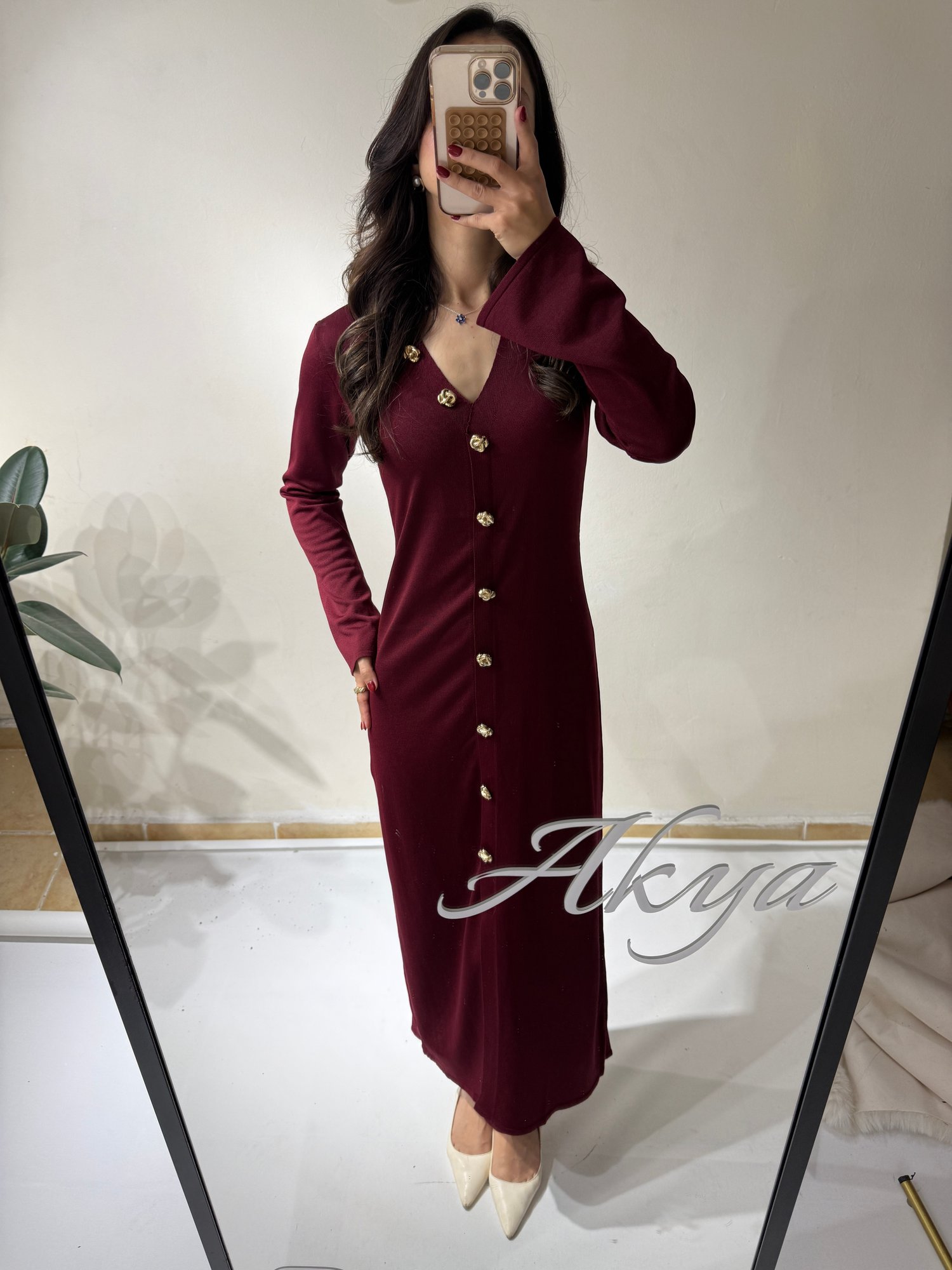 Bordo Gold Detaylı Elbise 