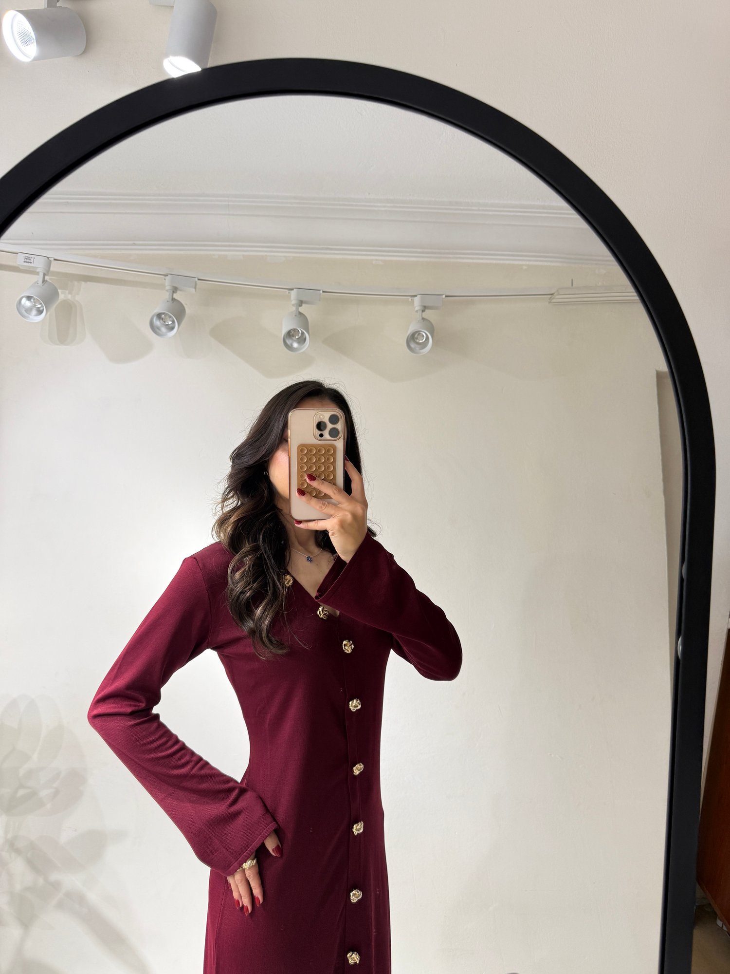 Bordo Gold Detaylı Elbise 