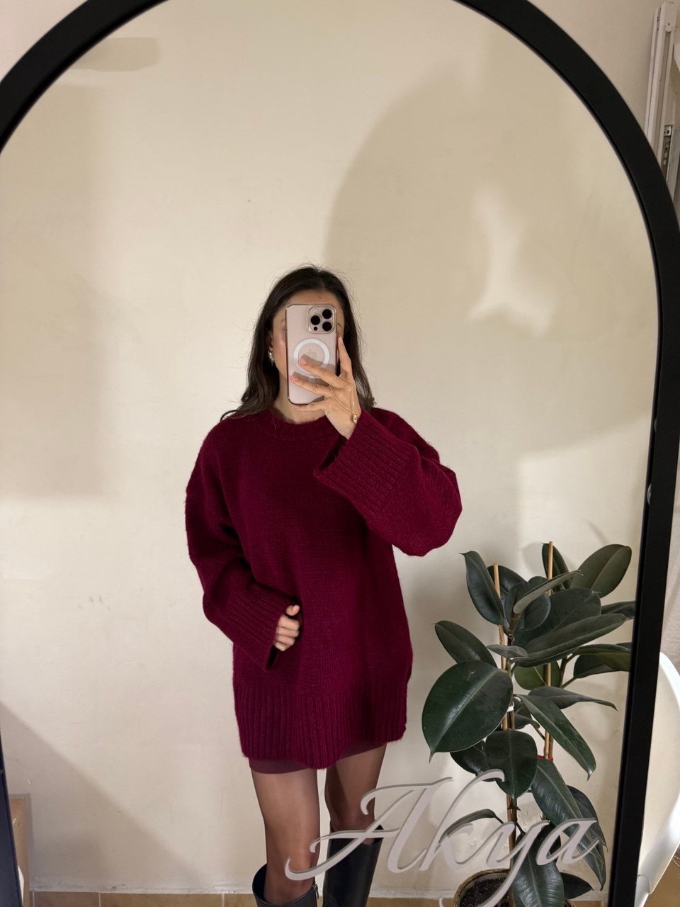 BORDO KAŞMİR DOKULU OVERSİZE YUMOŞ KAZAK