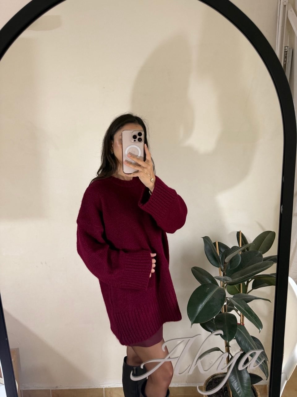 BORDO KAŞMİR DOKULU OVERSİZE YUMOŞ KAZAK
