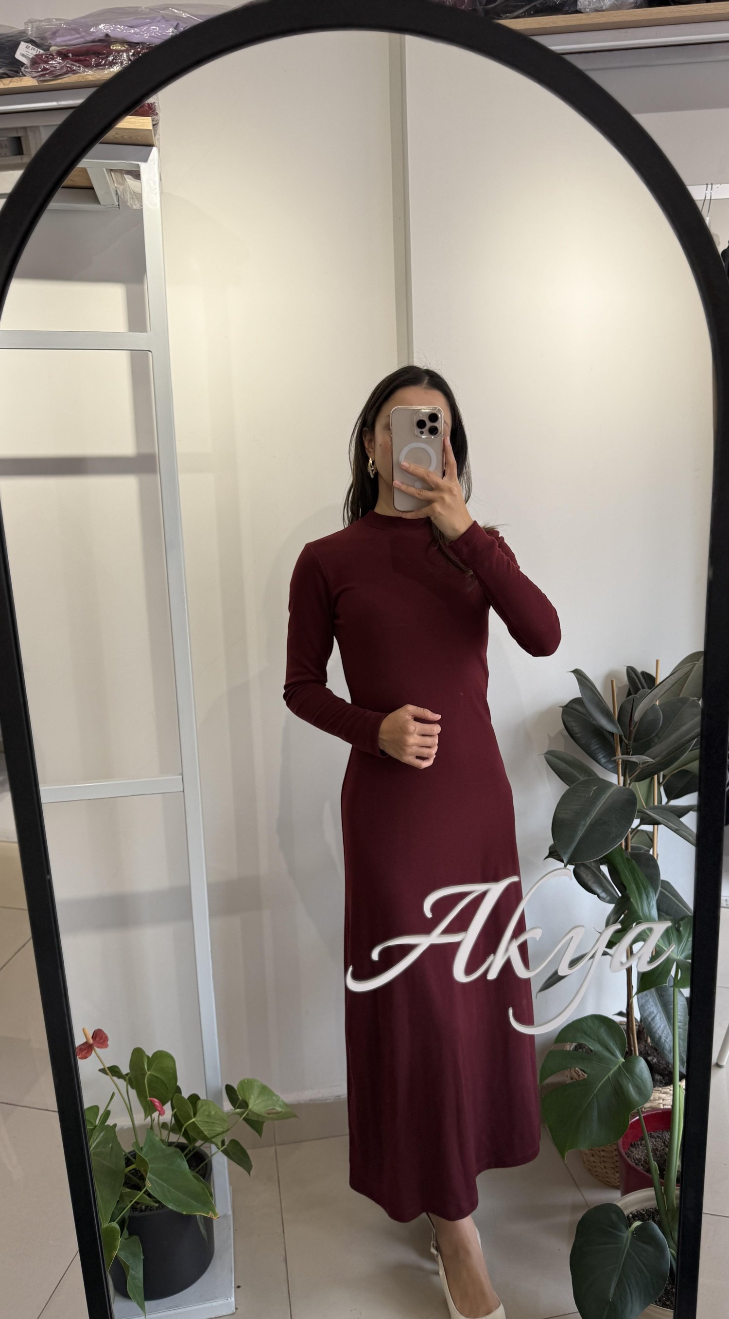 BORDO UZUN KOLLU MİDİ ELBİSE 