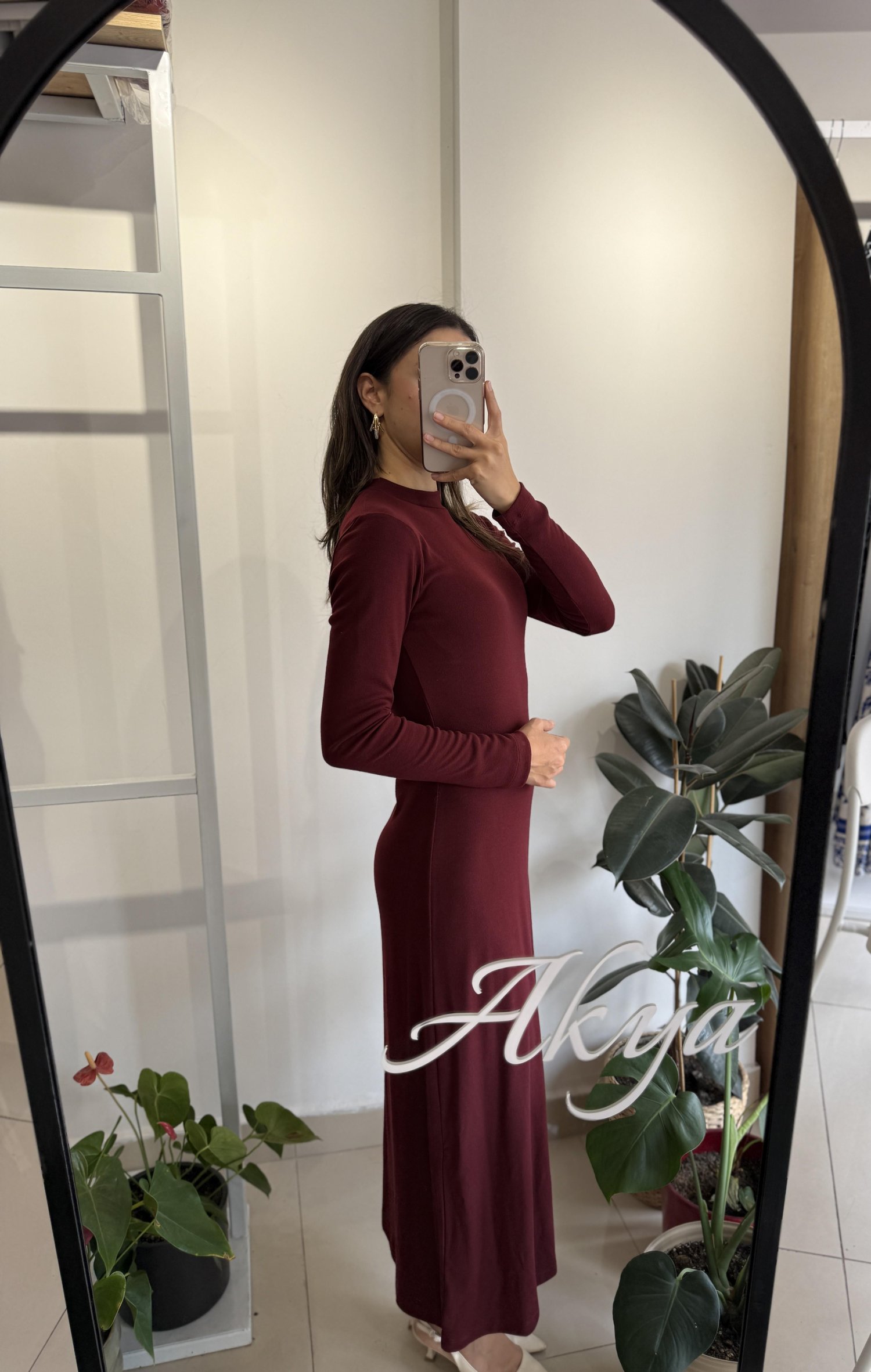 BORDO UZUN KOLLU MİDİ ELBİSE 