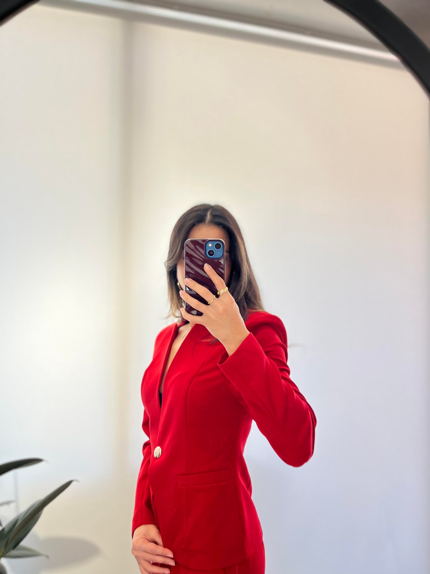 KIRMIZI GOLD DETAYLI BLAZER CEKET TAKIM