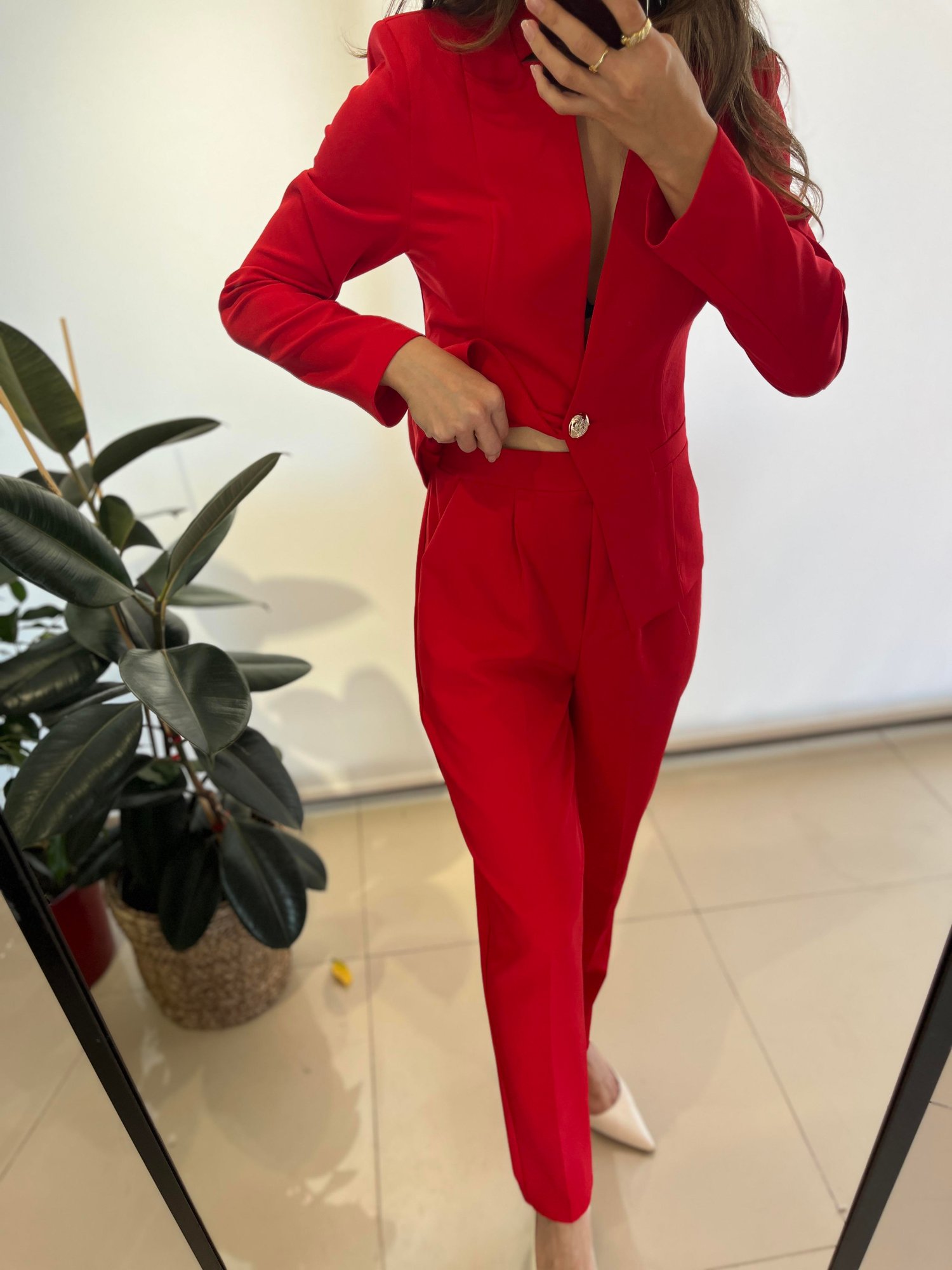 KIRMIZI GOLD DETAYLI BLAZER CEKET TAKIM