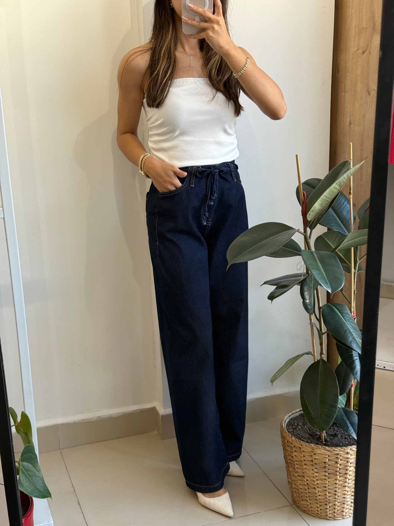 KOYU LACİVERT BAĞCIKLI DENİM PANTOLON