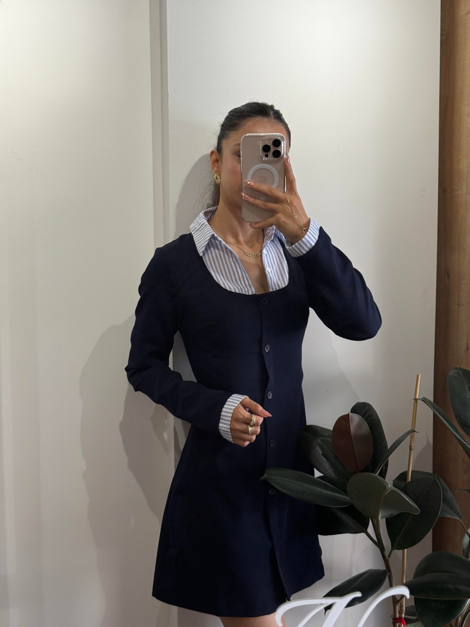 LACİVERT ÇİZGİLİ UZUN KOLLU GÖMLEK ELBİSE 