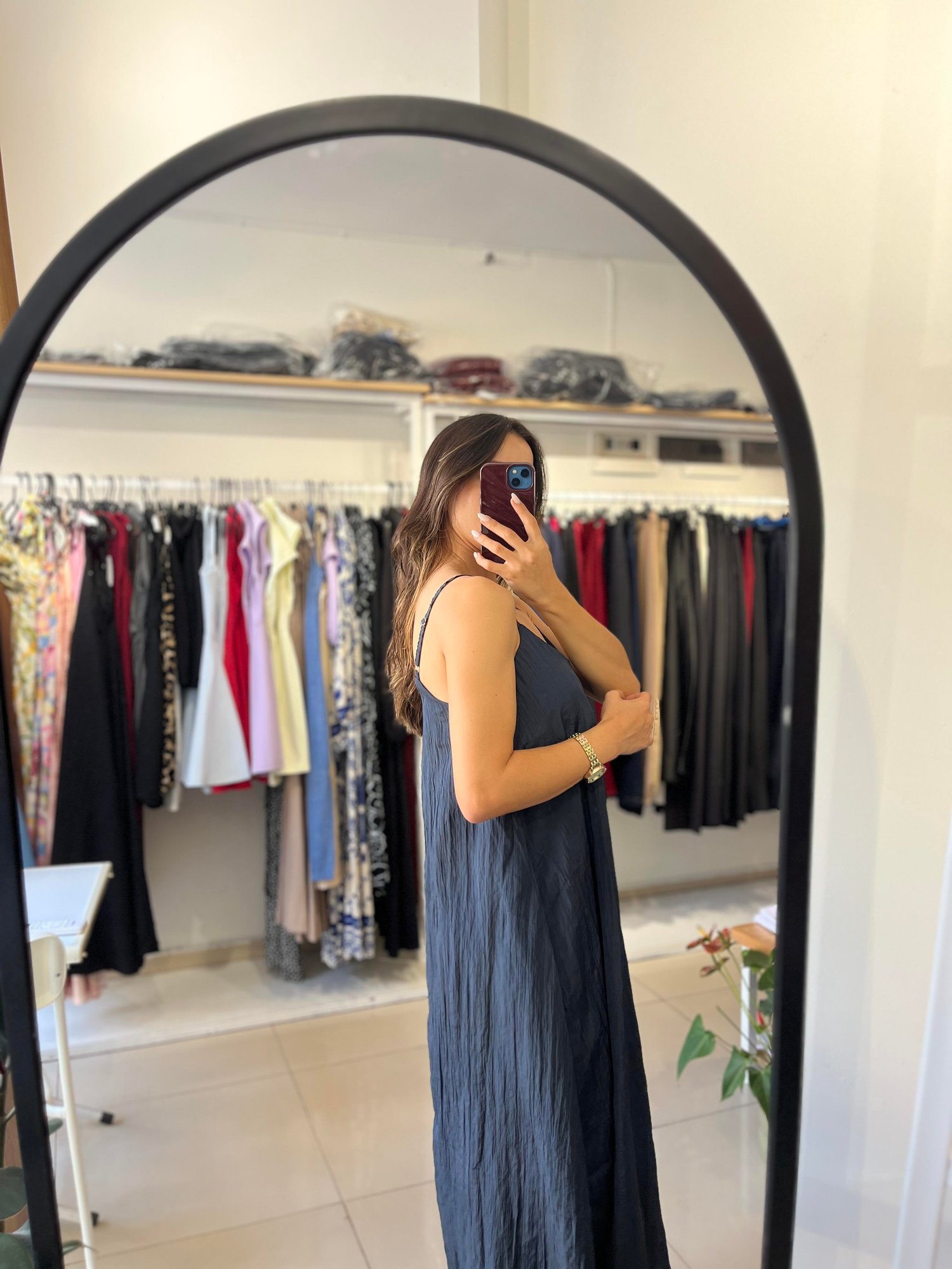 LACİVERT KRINKİL KUMAŞ MİDİ ELBİSE
