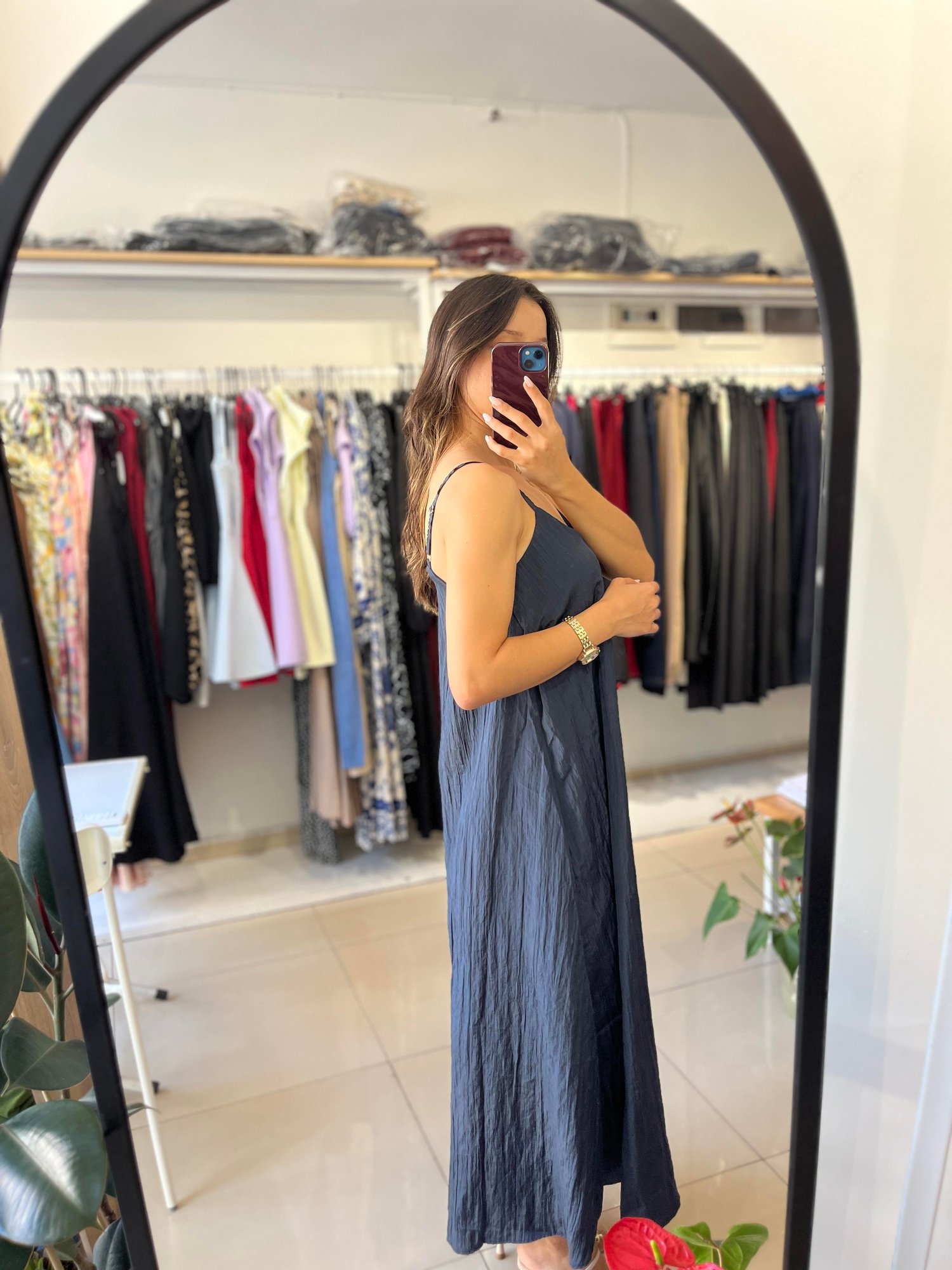 LACİVERT KRINKİL KUMAŞ MİDİ ELBİSE