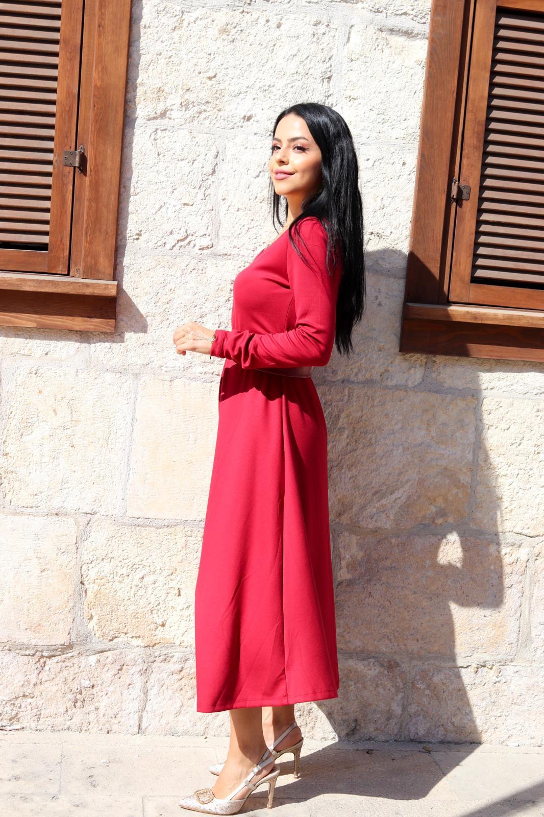 Oysho Kumaş, V Yaka, Uzun Kollu, Kendinden Kemerli, Önden Yırtmaçlı, Midi Boy Elbise