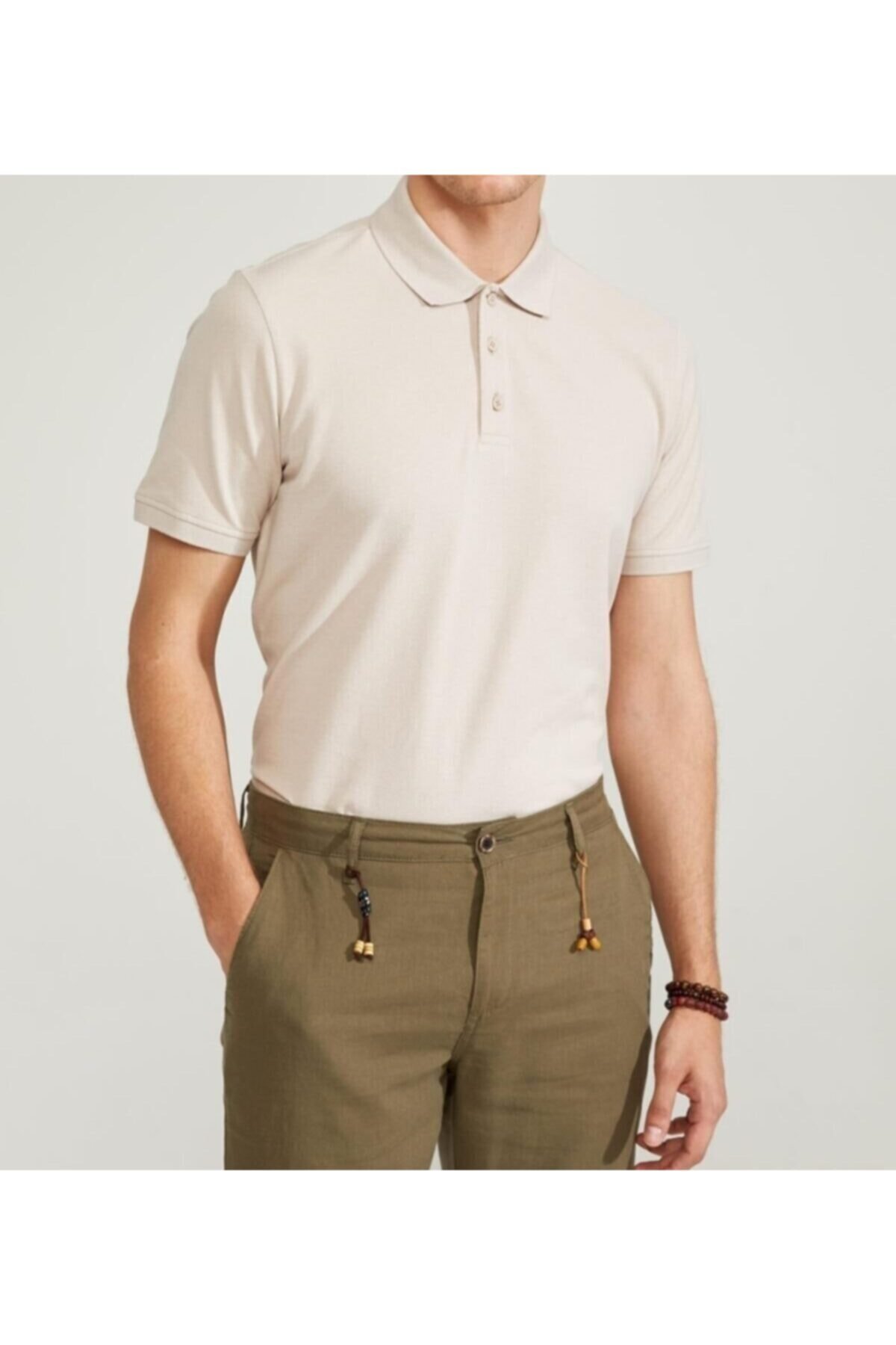 Erkek Krem Basic Polo Yaka T-shirt