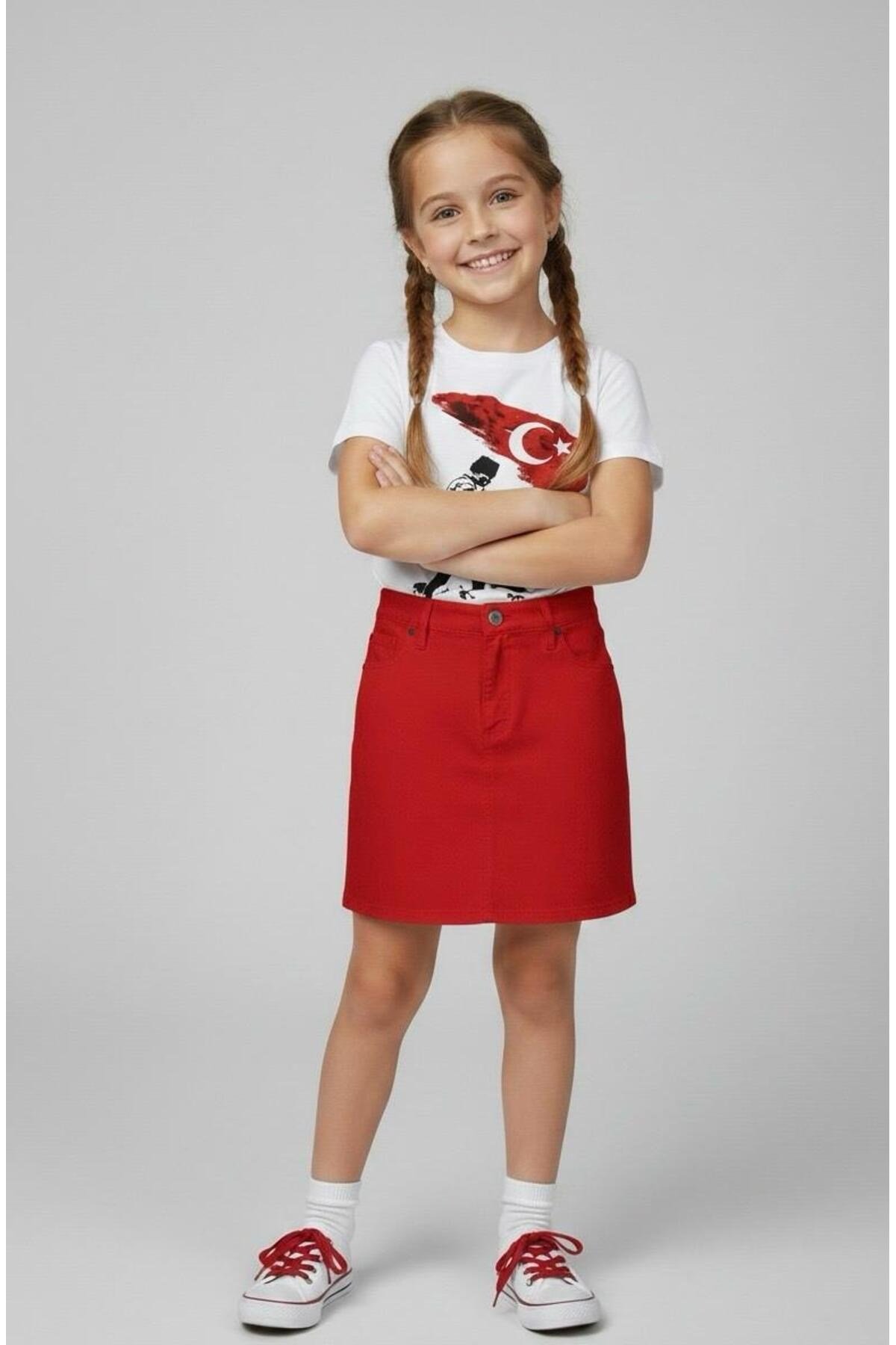Kız Çocuk Kocatepe ATATÜRK Baskılı T-Shirt Ve Keten Etek Takım 23 NİSAN-Özel Bayramlar
