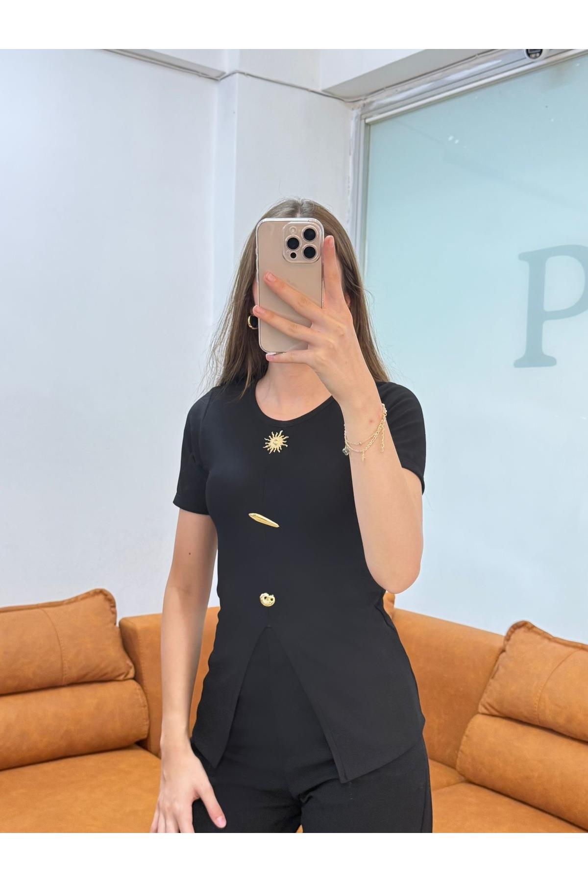 Güneş Düğme Detaylı Fitilli Bluz