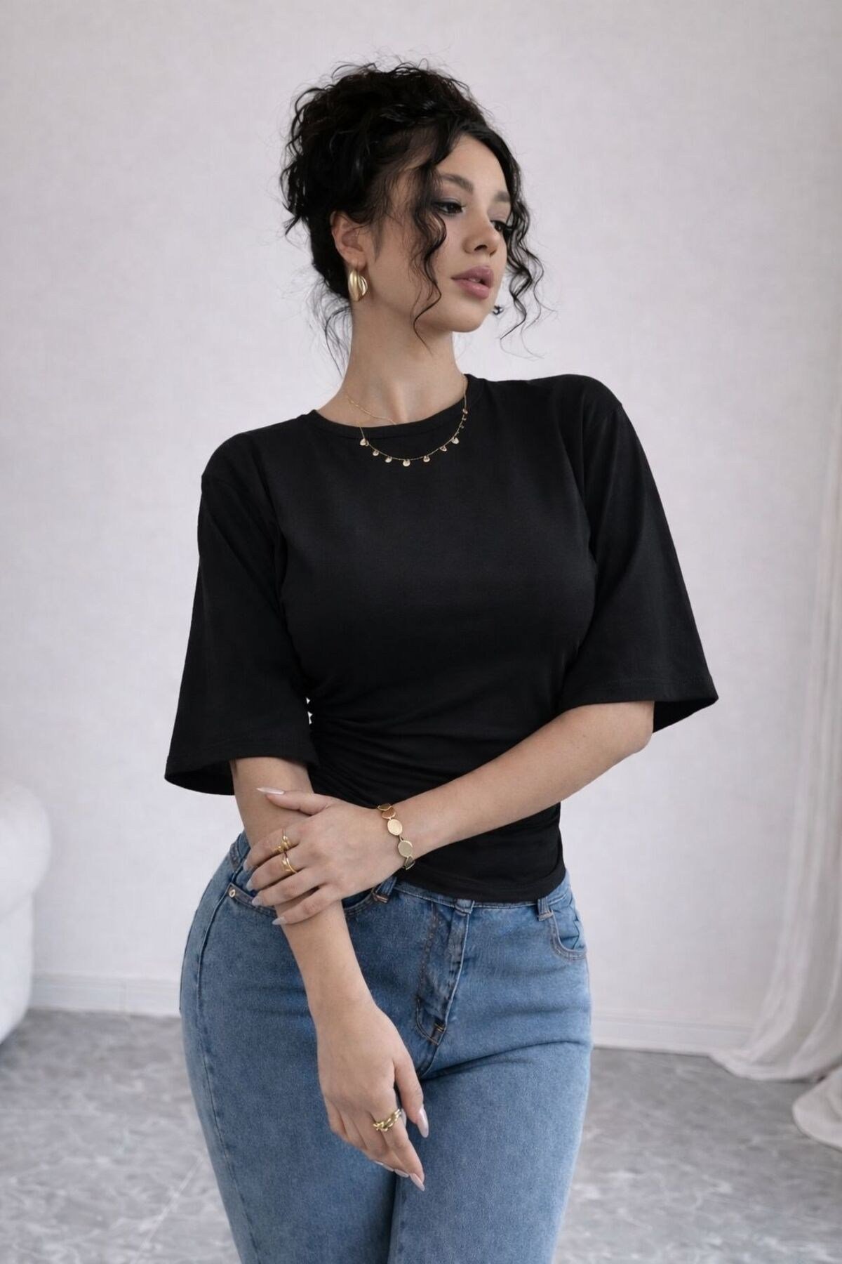 Kadın Pamuklu Yumuşak Kumaş Bluz Drapeli Şık Günlük Model (Crop Değildir) 0080