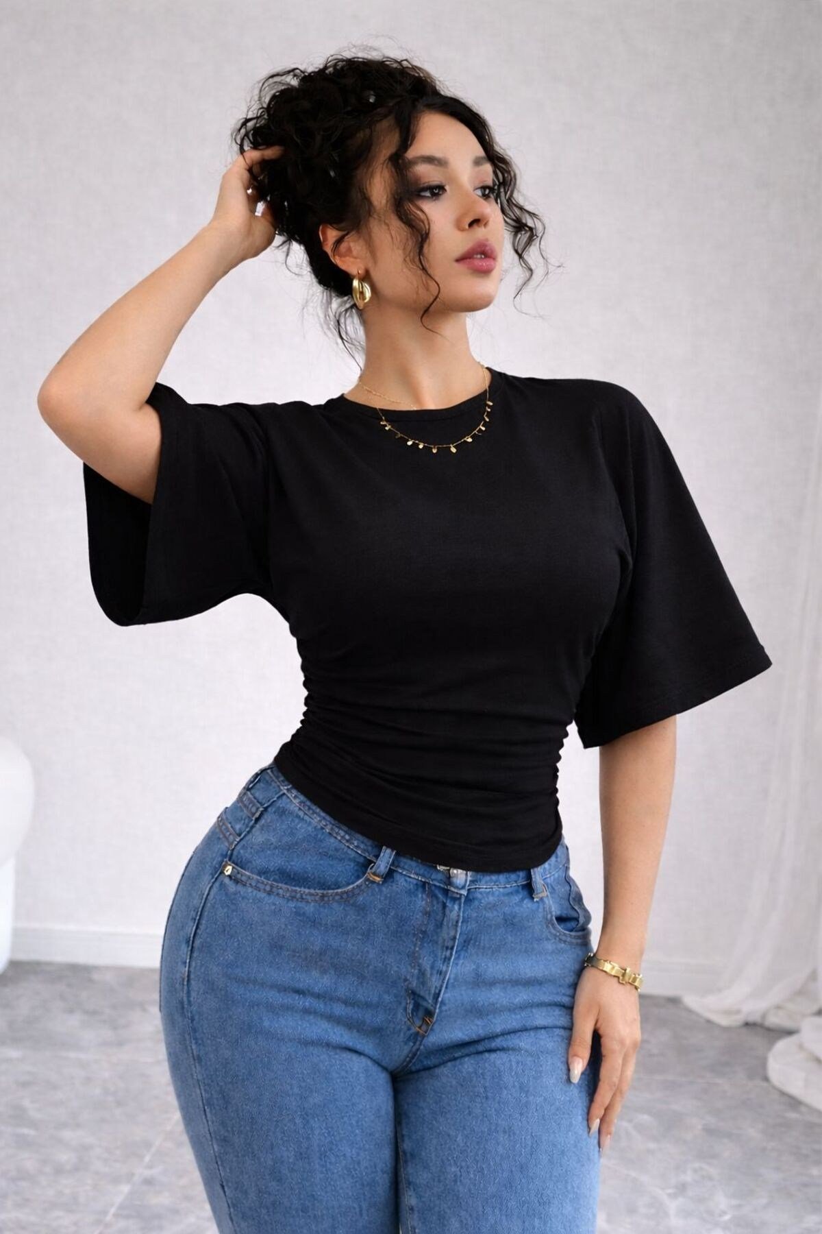 Kadın Pamuklu Yumuşak Kumaş Bluz Drapeli Şık Günlük Model (Crop Değildir) 0080