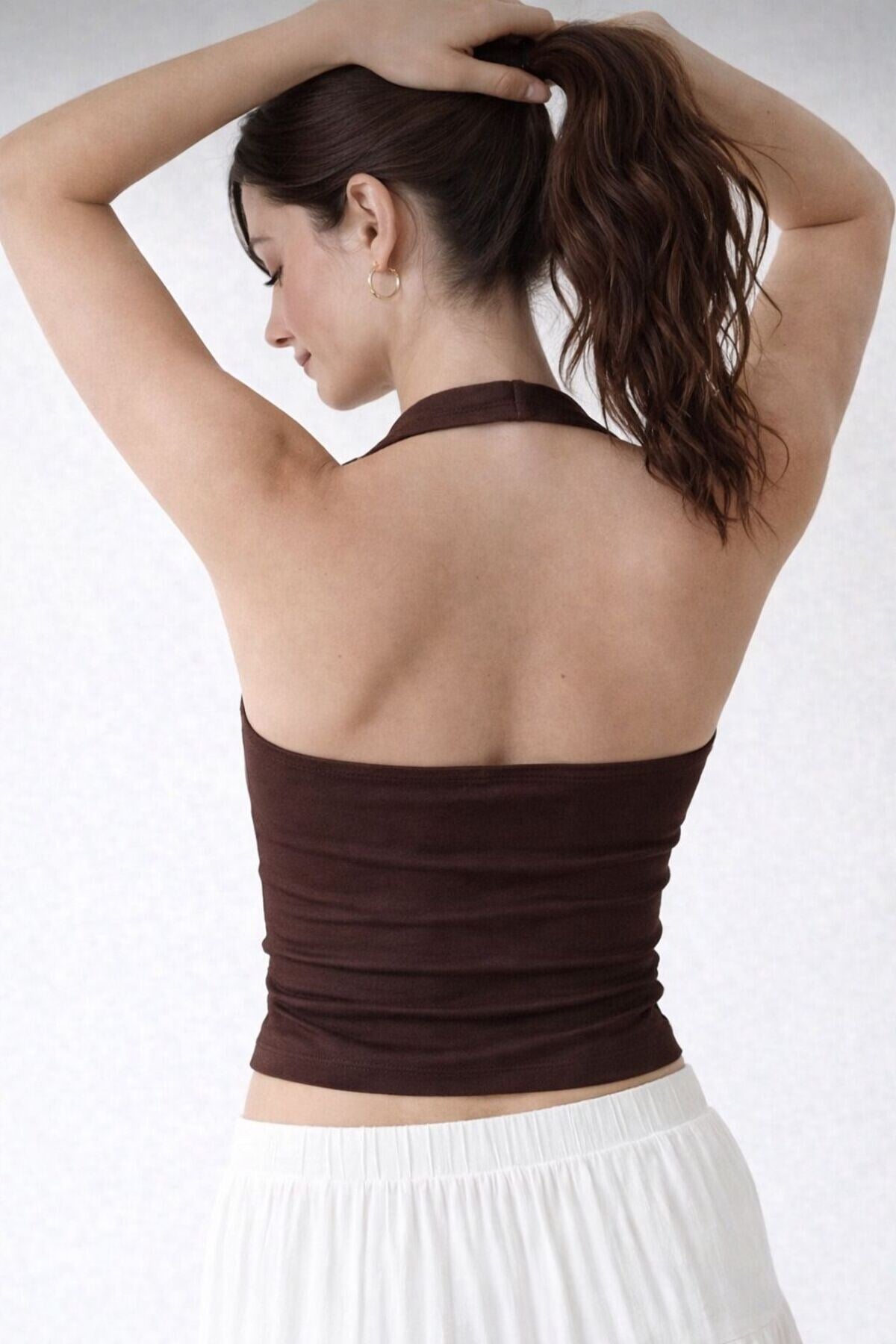 Yumuşak Viskon Halter Yaka Çift Kat Crop Top Body 0090
