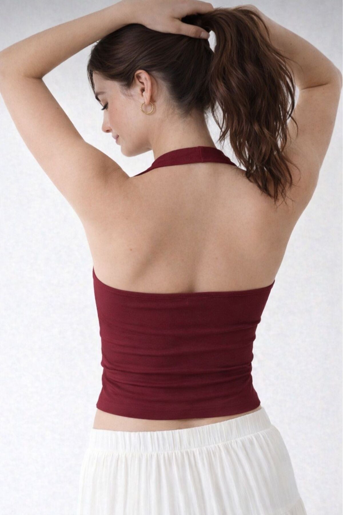 Yumuşak Viskon Halter Yaka Çift Kat Crop Top Body 0090