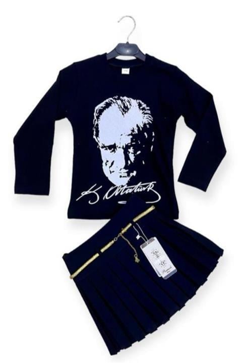 23 Nisan Kız Çocuk Kombini Pileli Etek Ve Atatürk Baskılı Uzun Kol Tshirt 0-24