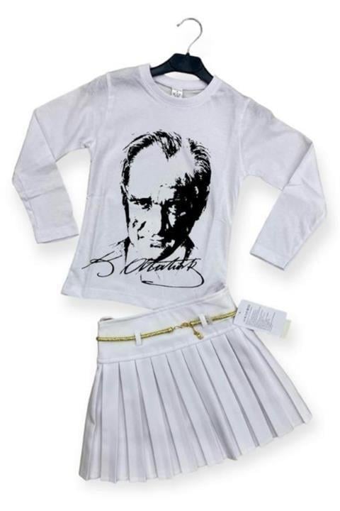 23 Nisan Kız Çocuk Kombini Pileli Etek Ve Atatürk Baskılı Uzun Kol Tshirt 0-24