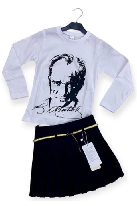 23 Nisan Kız Çocuk Kombini Pileli Etek Ve Atatürk Baskılı Uzun Kol Tshirt 0-24