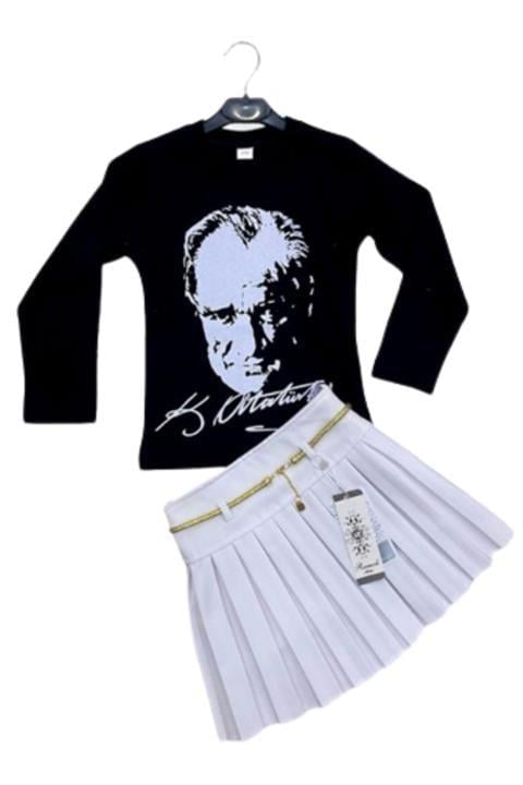 23 Nisan Kız Çocuk Kombini Pileli Etek Ve Atatürk Baskılı Uzun Kol Tshirt 0-24