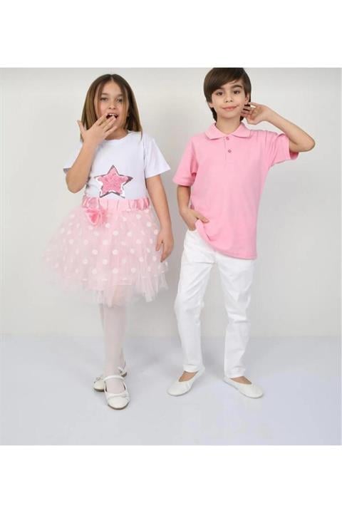 23 Nisan KIZ ÇOCUK T-SHİRT Tütü Etek Kombin Erkek ÇOCUK Polo Yaka Pantolon Takım Gösteri Kıyafeti