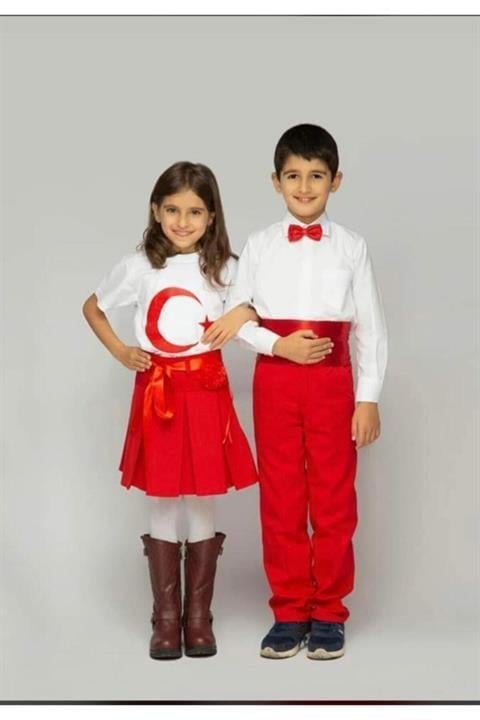 23 Nisan Kız Erkek Çocuk Tshırt Etek Takım Gösteri Kıyafeti 0-24