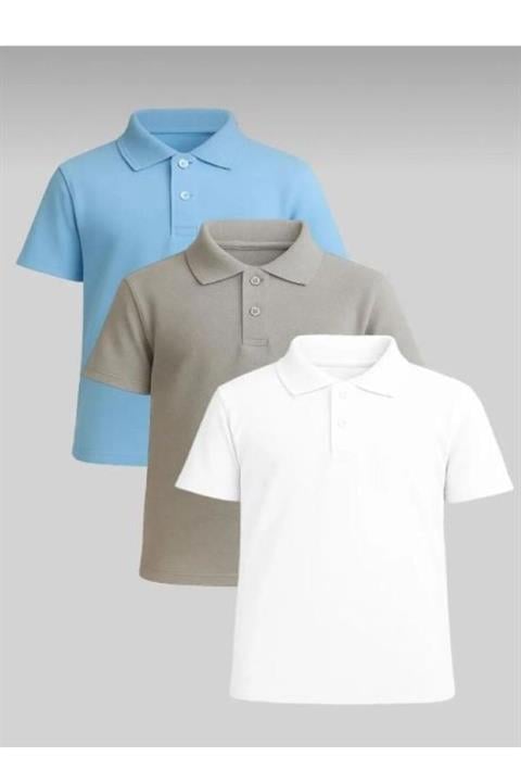 3'lü Unisex Çocuk Rahat Kalıp Kısa Kollu Polo Yaka Penye Lakost T-shirt