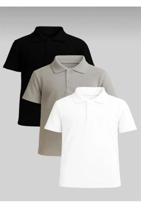 3'lü Unisex Çocuk Rahat Kalıp Kısa Kollu Polo Yaka Penye Lakost T-shirt