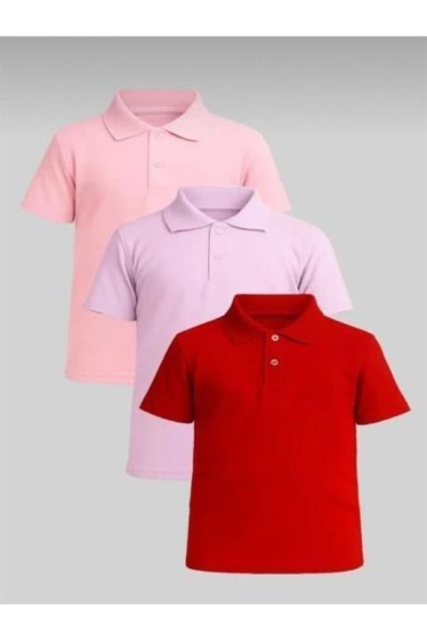 3'lü Unisex Çocuk Rahat Kalıp Kısa Kollu Polo Yaka Penye Lakost T-shirt