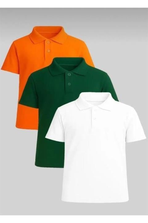 3'lü Unisex Çocuk Rahat Kalıp Kısa Kollu Polo Yaka Penye Lakost T-shirt